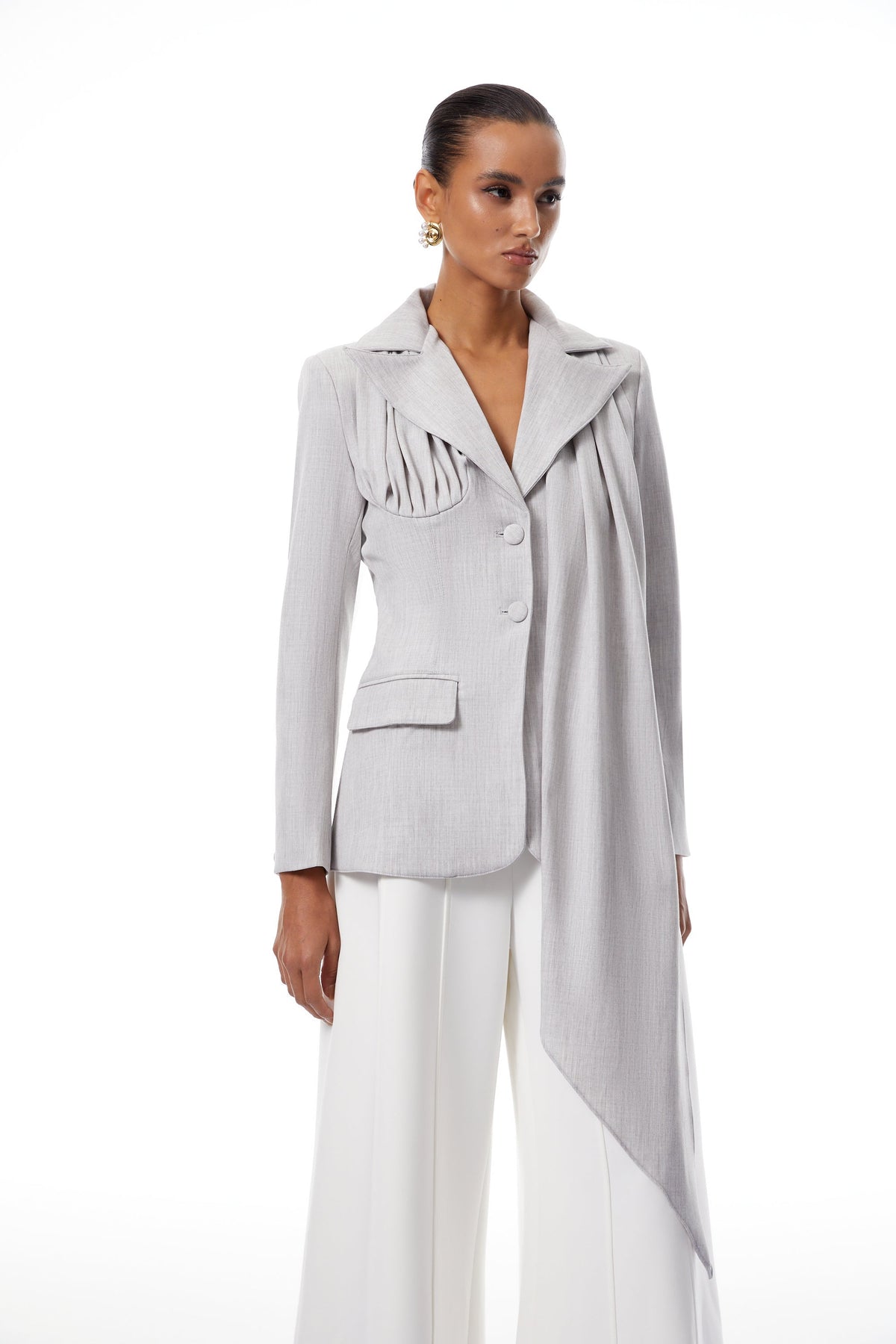 Margarethe Grey Asymmetrical Draped Blazer