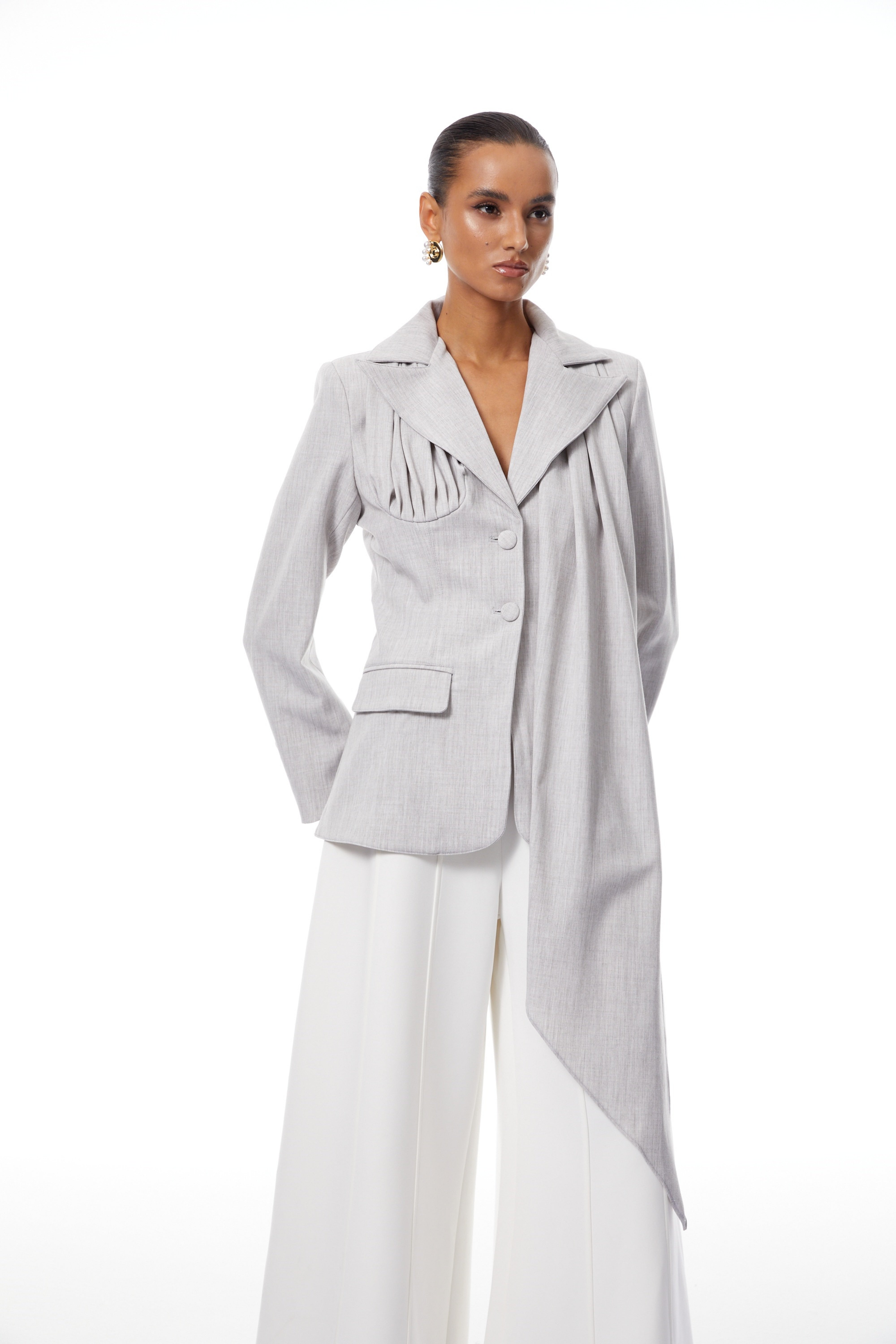 Margarethe Grey Asymmetrical Draped Blazer