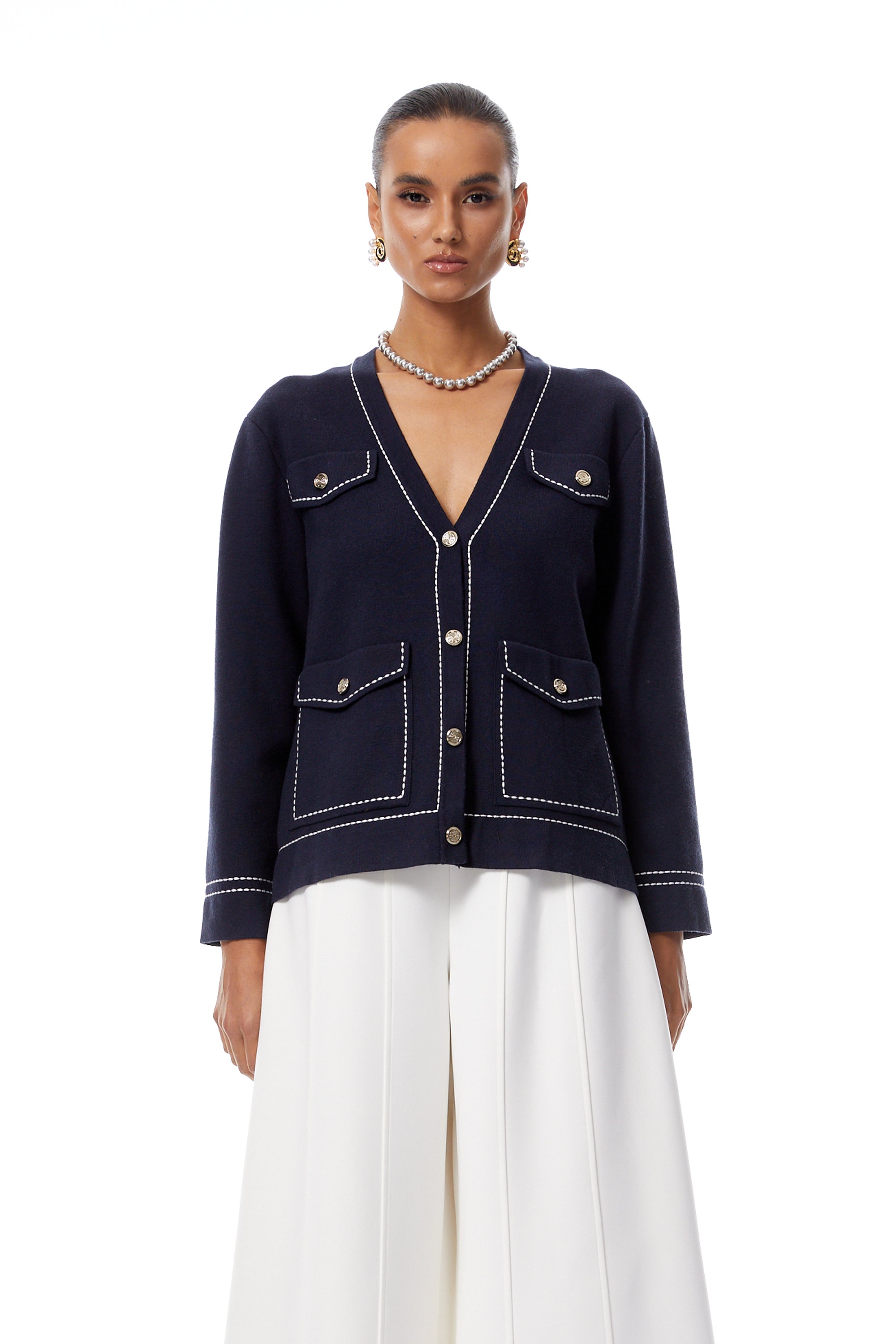 Margaux Blue Contrast Stitching Knit Cardigan