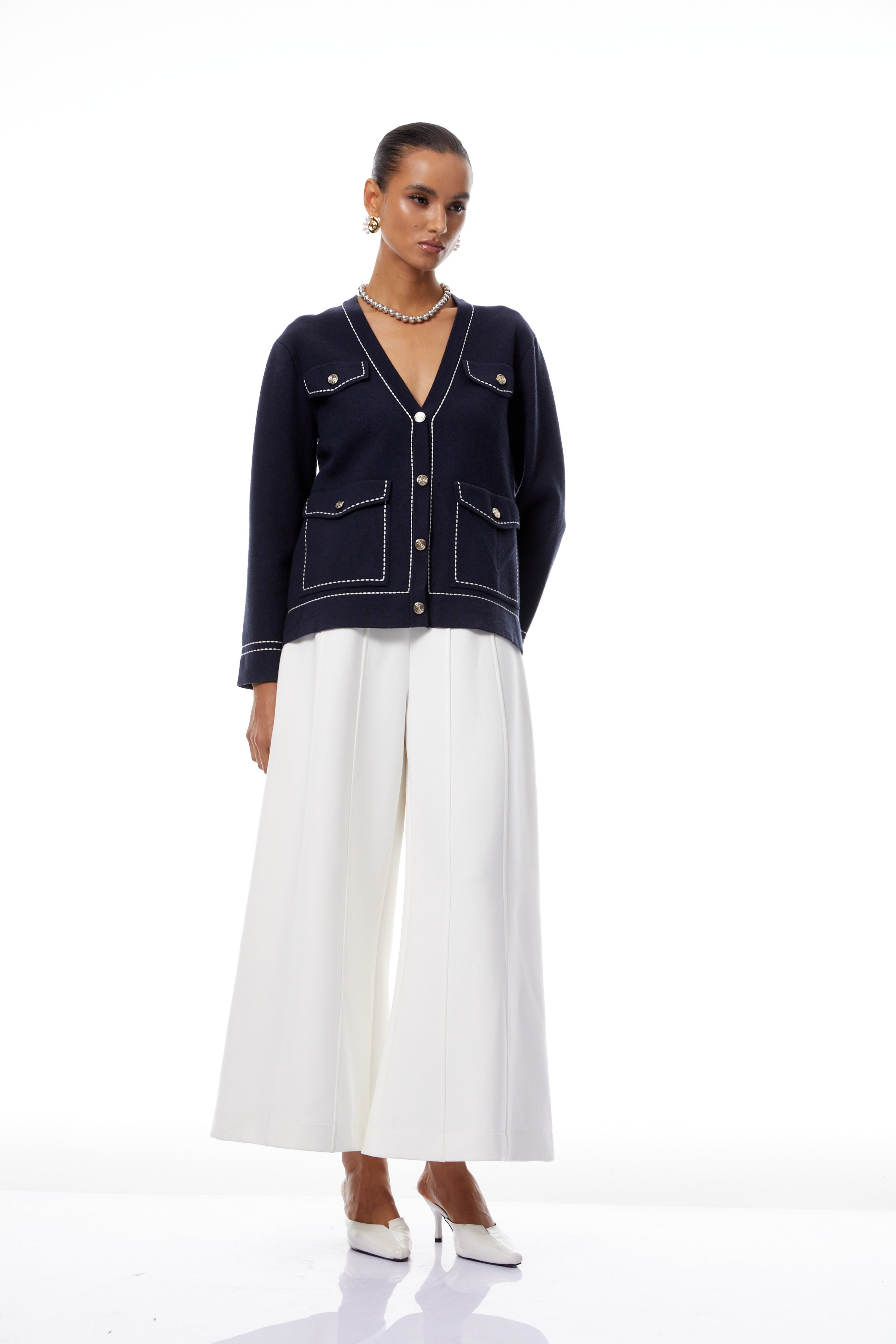 Margaux Blue Contrast Stitching Knit Cardigan