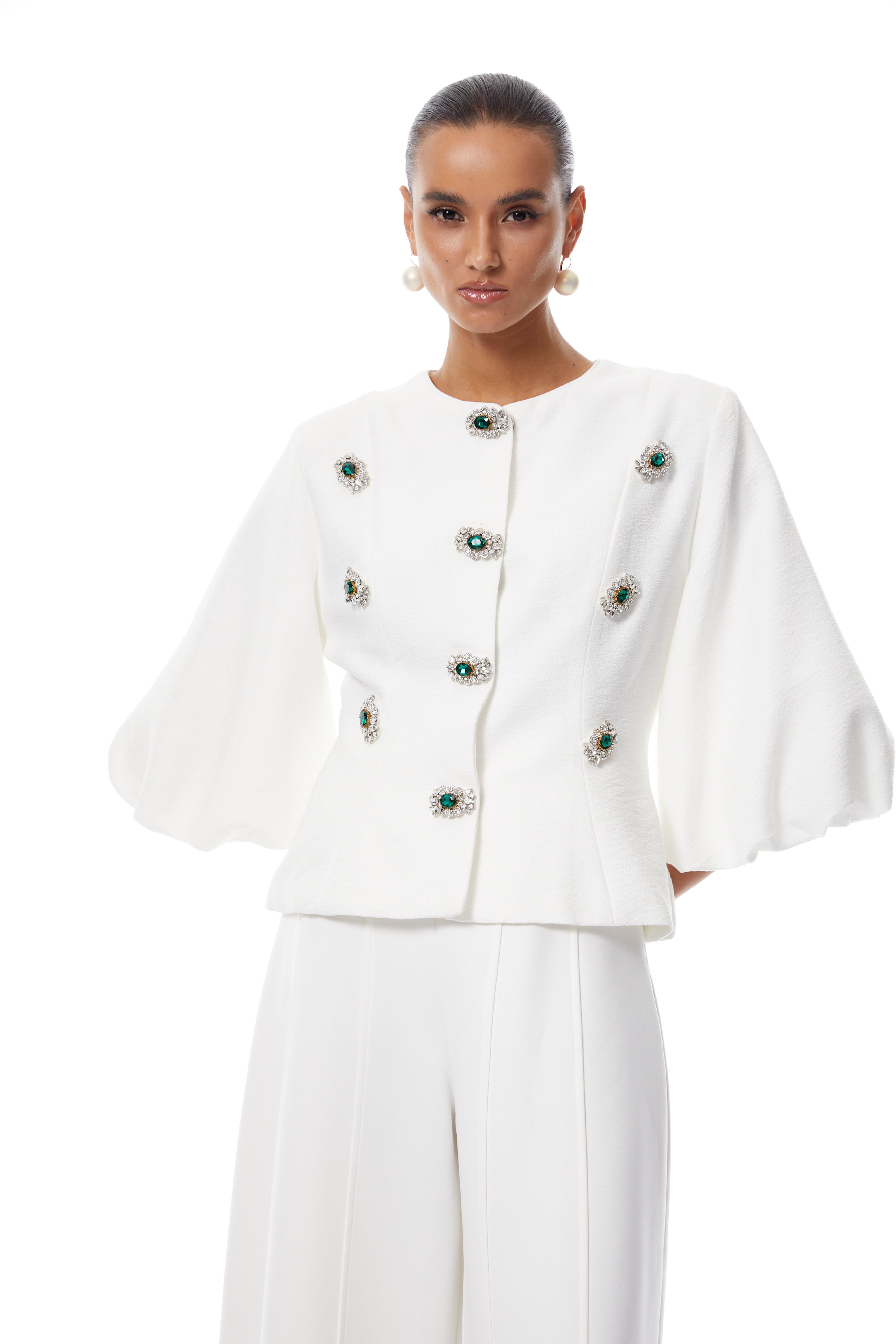 Bérénice White Crystal Embellished Peplum Jacket