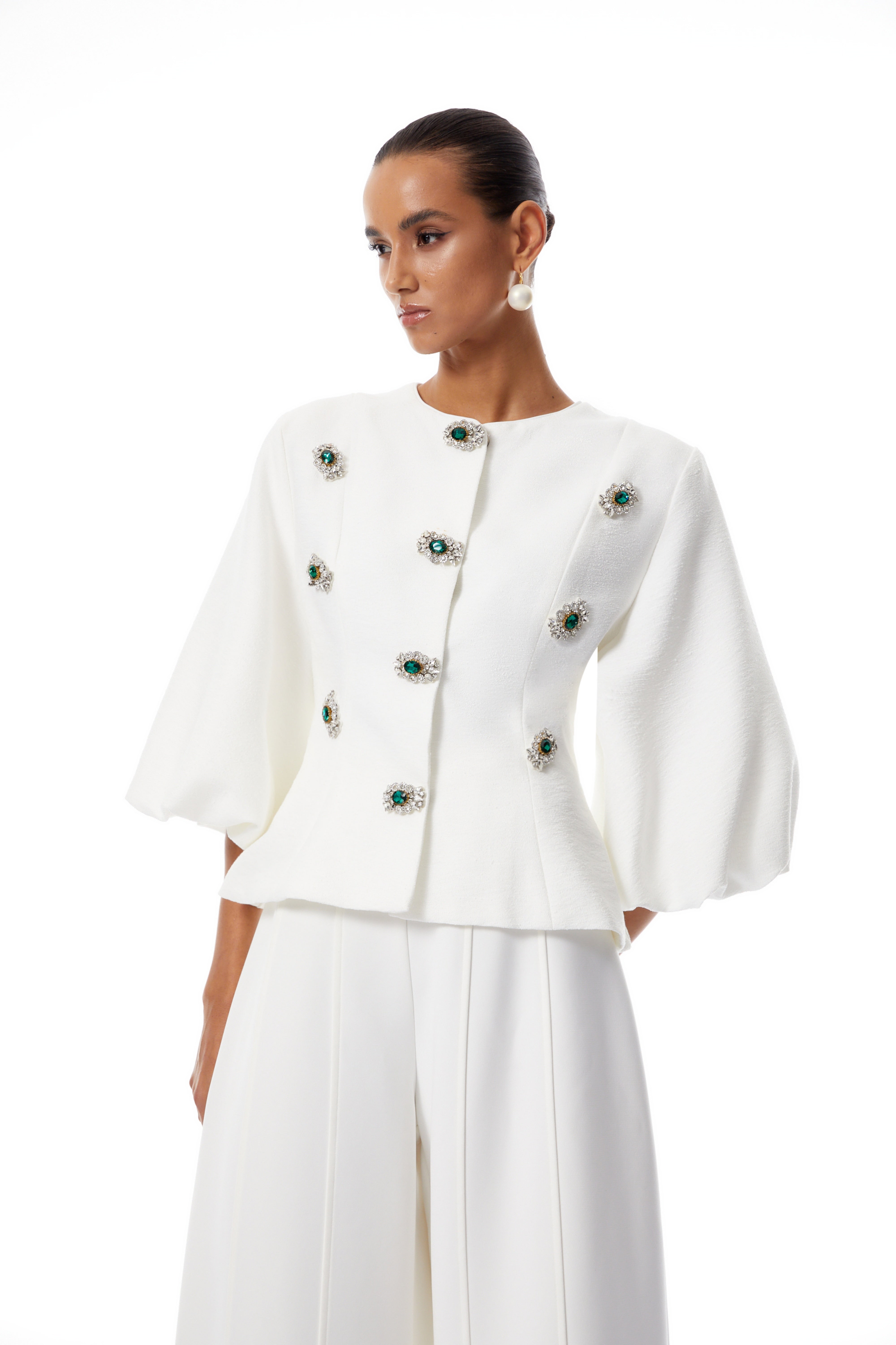 Bérénice White Crystal Embellished Peplum Jacket