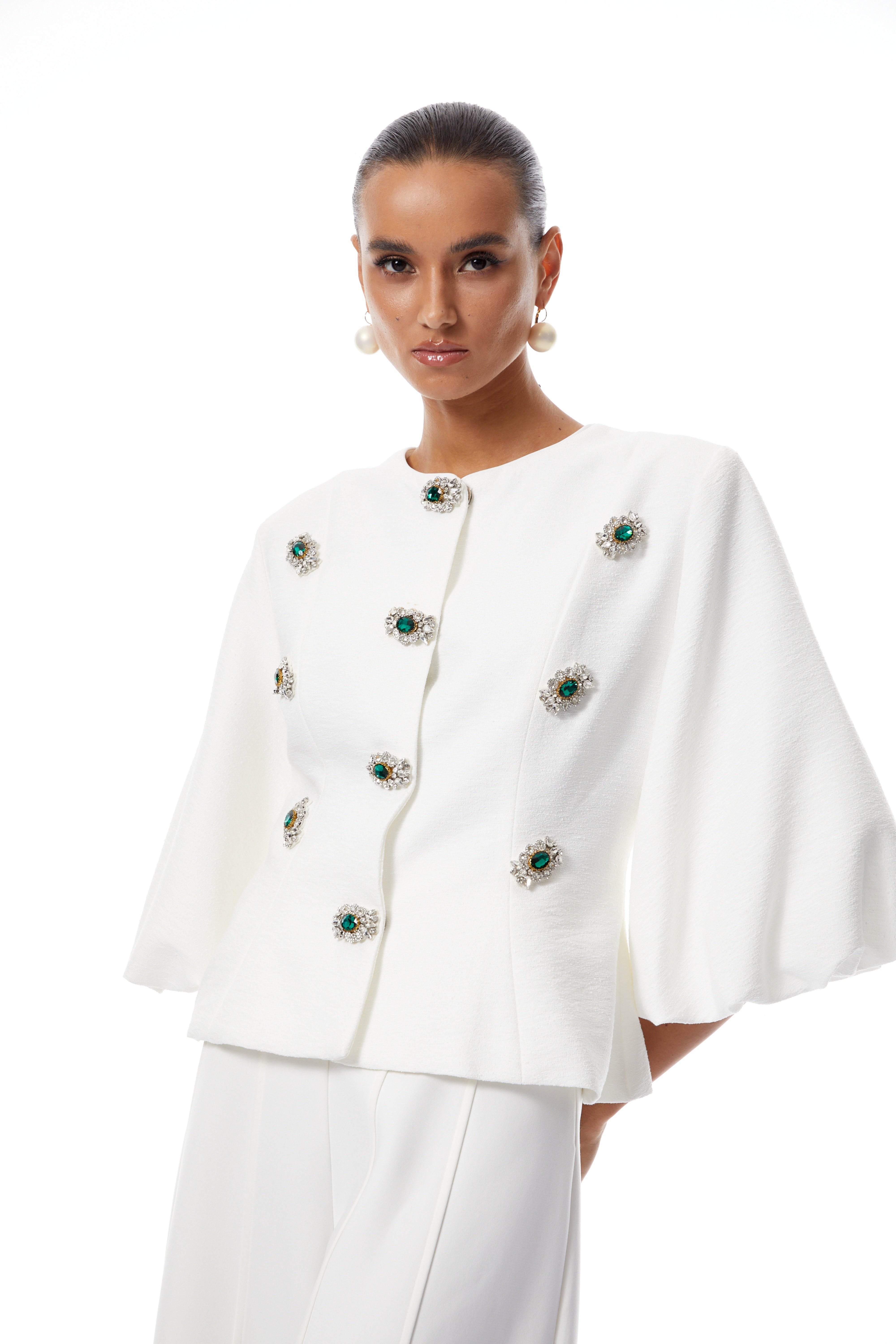 Bérénice White Crystal Embellished Peplum Jacket