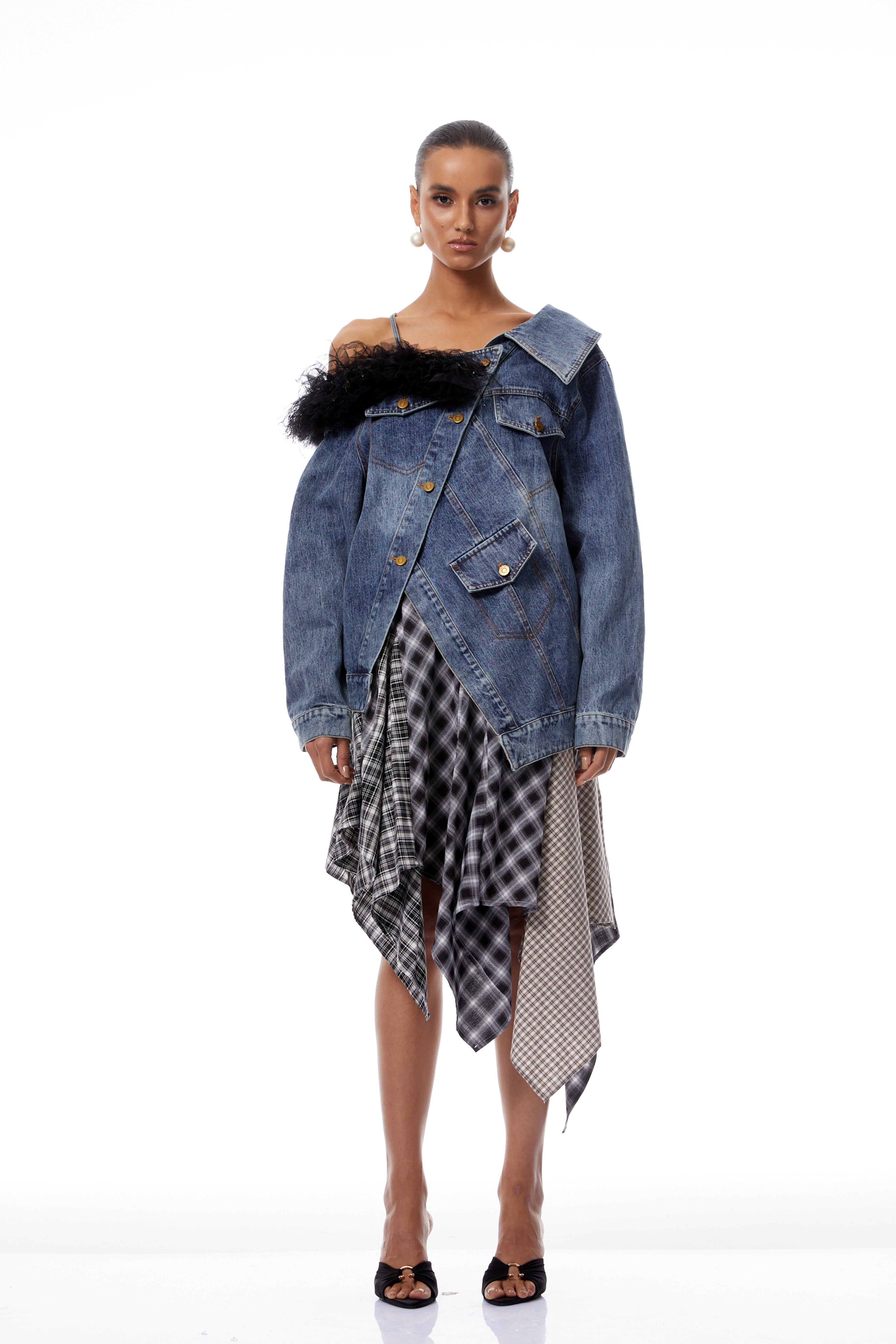 Candela Blue Tulle Panel Asymmetrical Denim Jacket