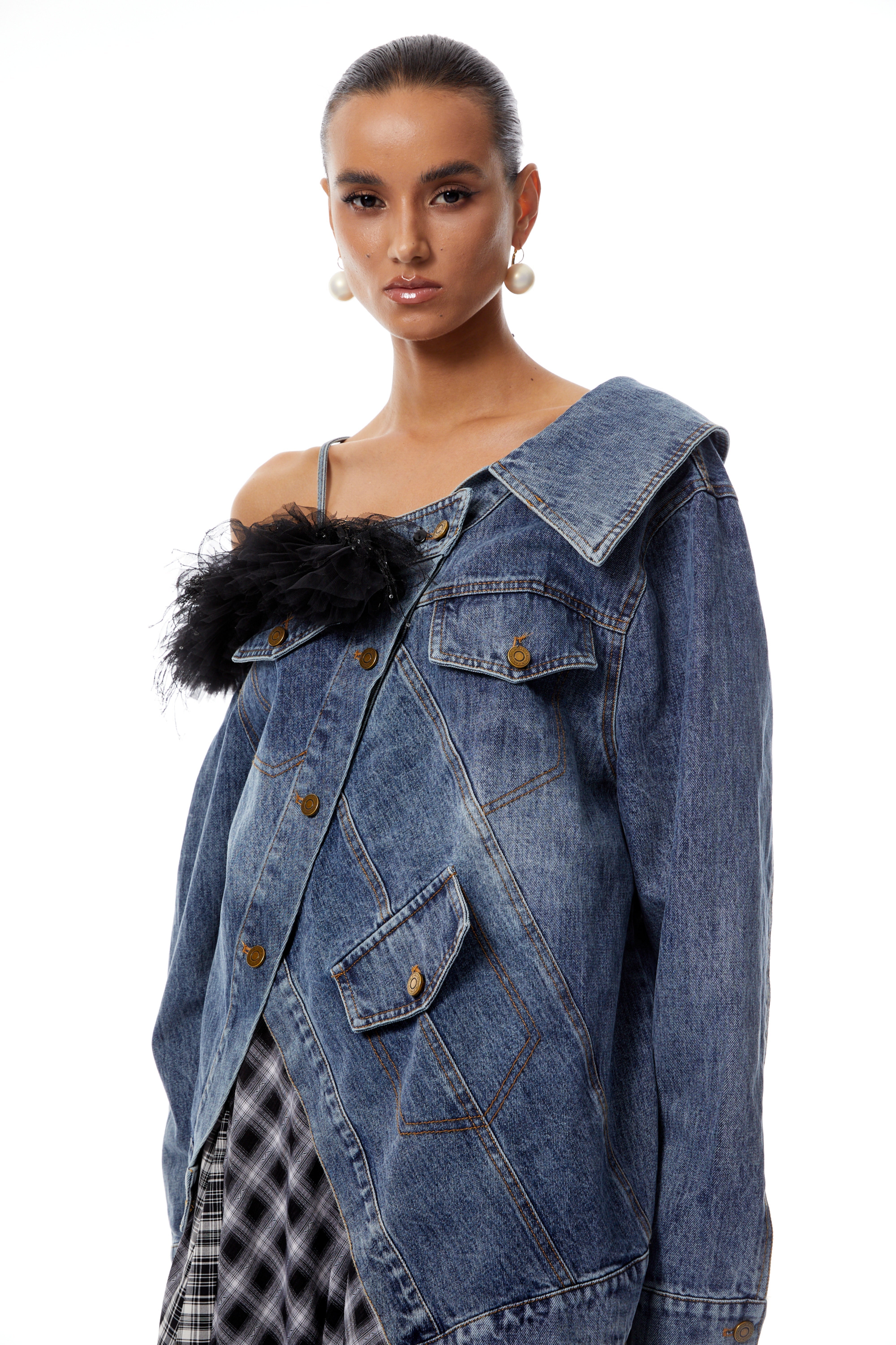 Candela Blue Tulle Panel Asymmetrical Denim Jacket