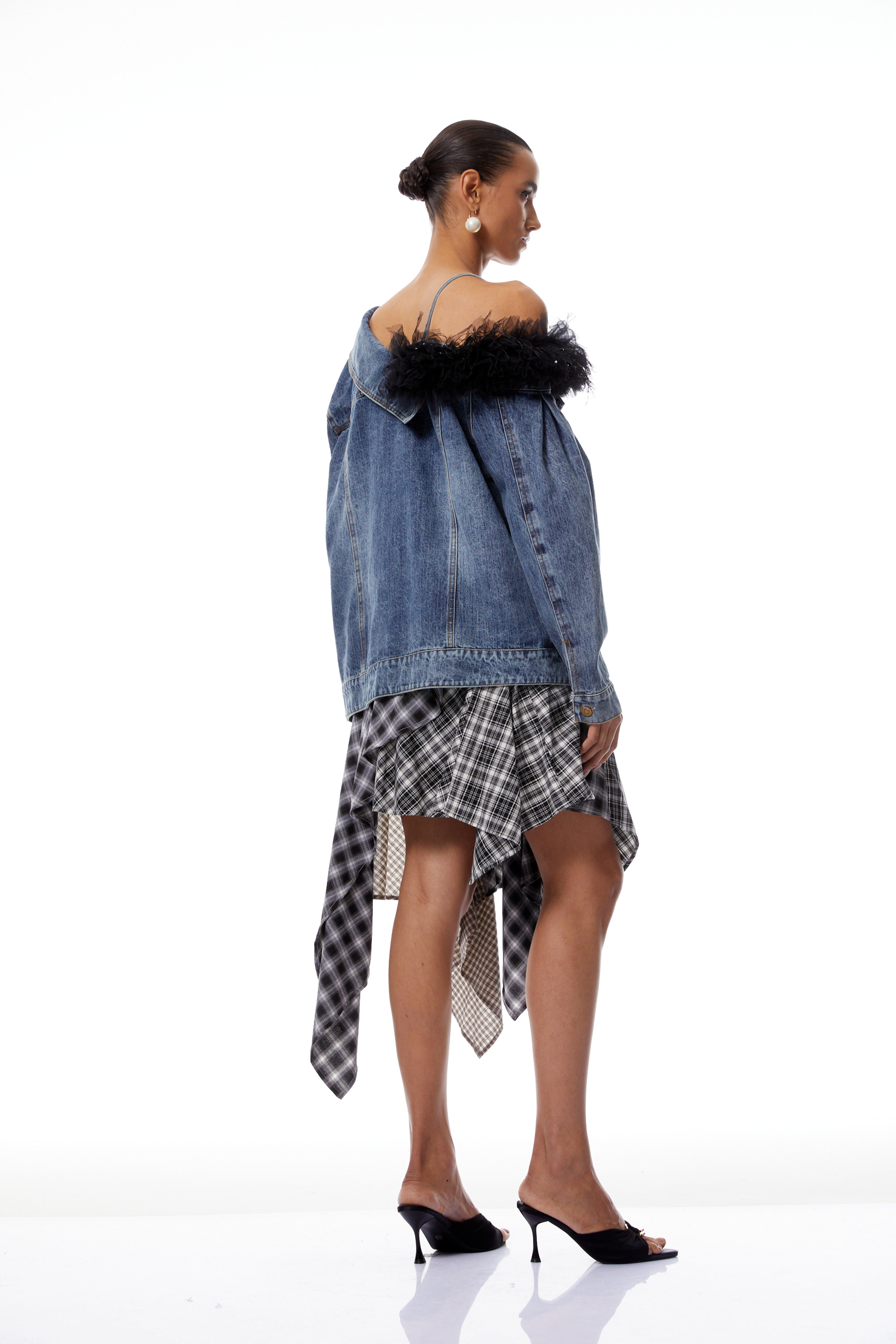 Candela Blue Tulle Panel Asymmetrical Denim Jacket