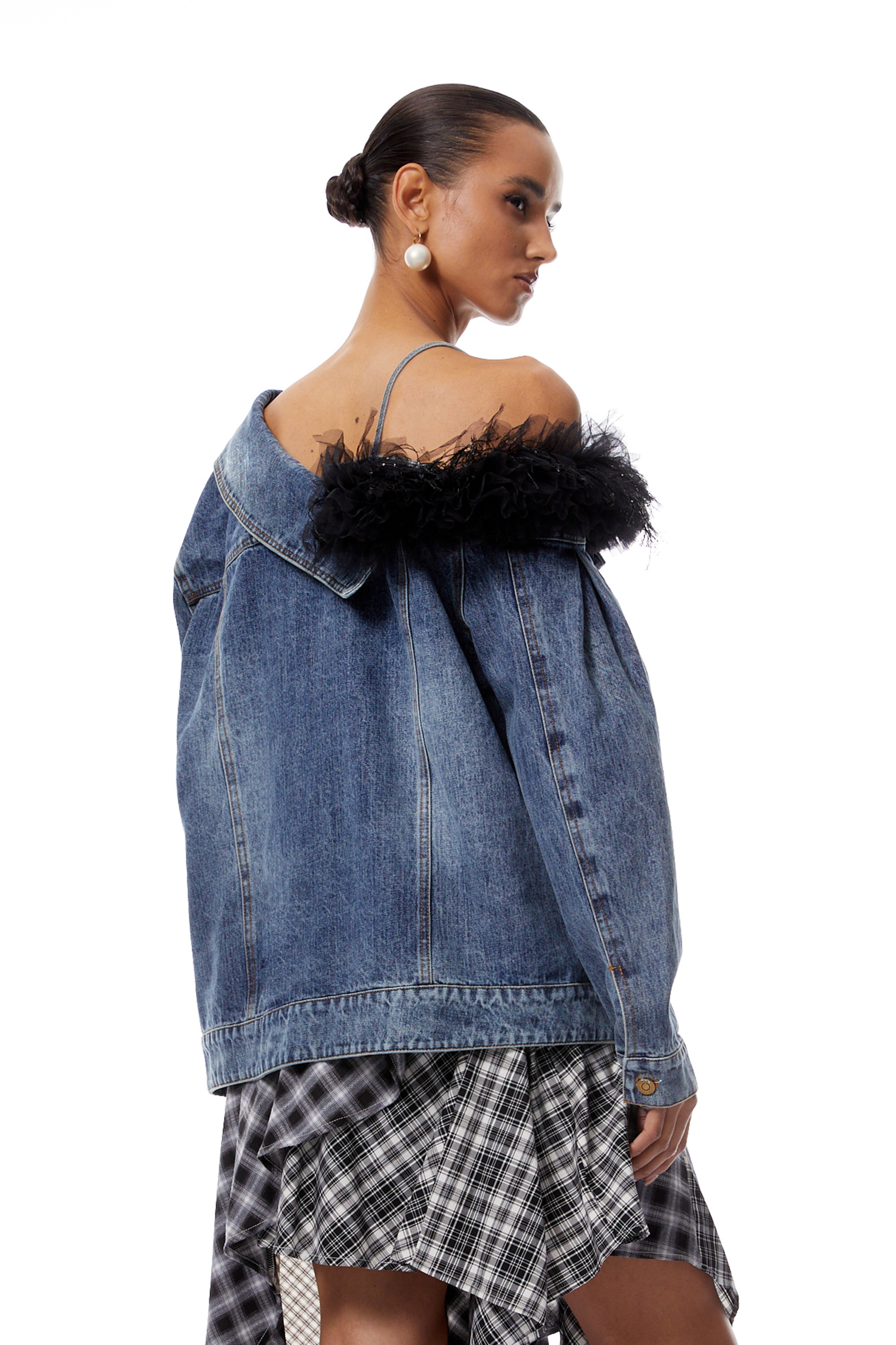 Candela Blue Tulle Panel Asymmetrical Denim Jacket