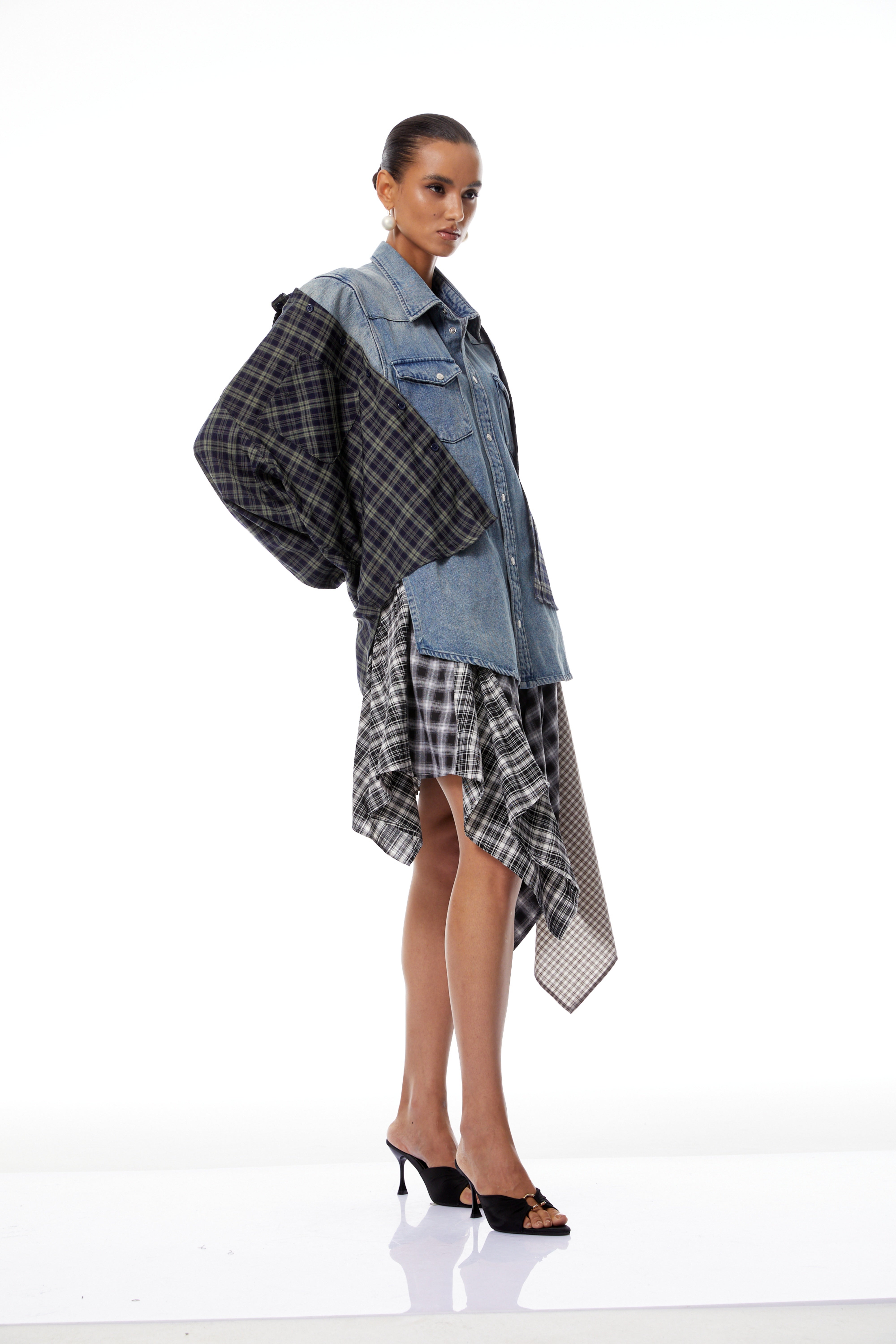 Marina Blue Deconstructed Denim Shirt with Plaid Panels