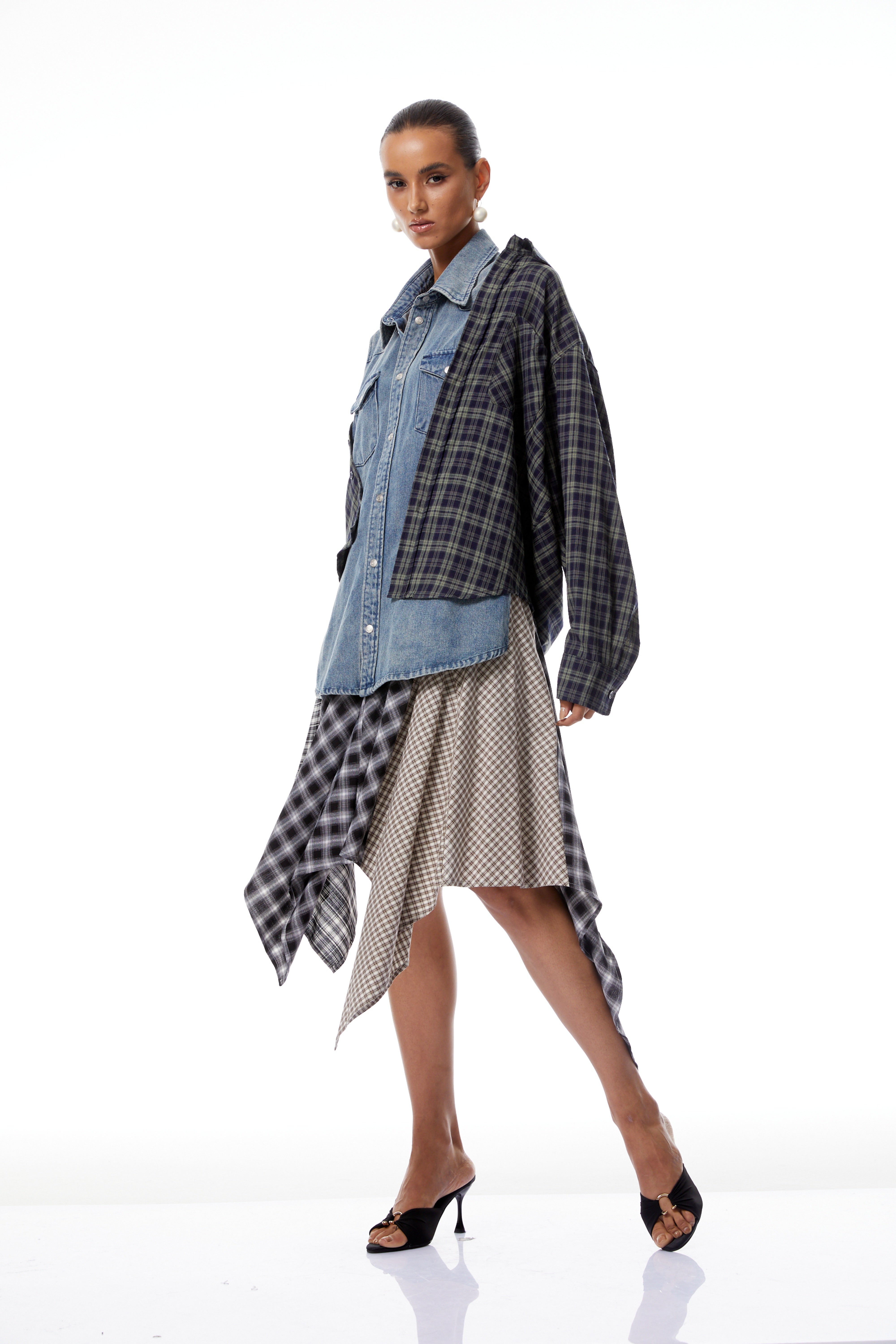 Marina Blue Deconstructed Denim Shirt with Plaid Panels