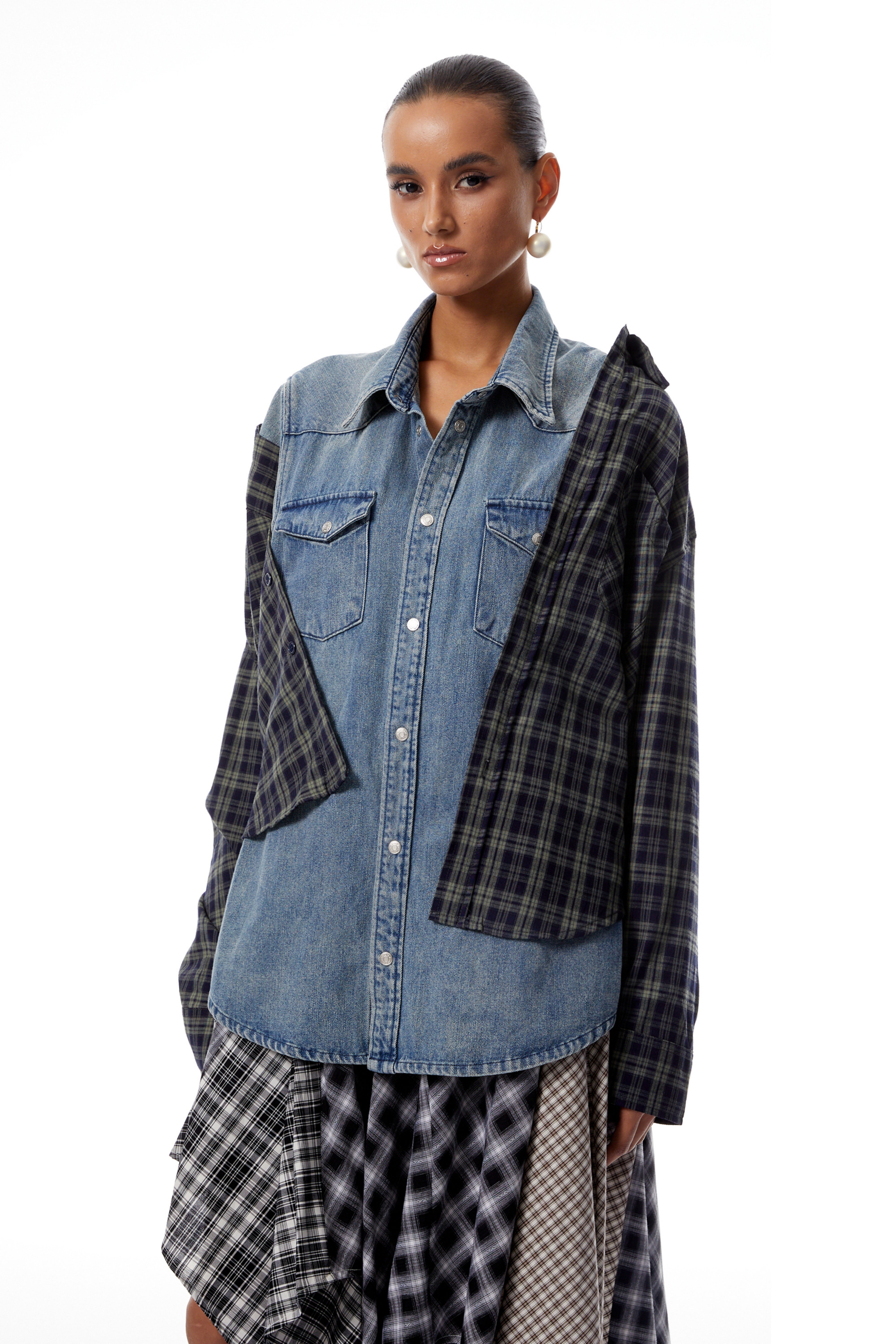 Marina Blue Deconstructed Denim Shirt with Plaid Panels
