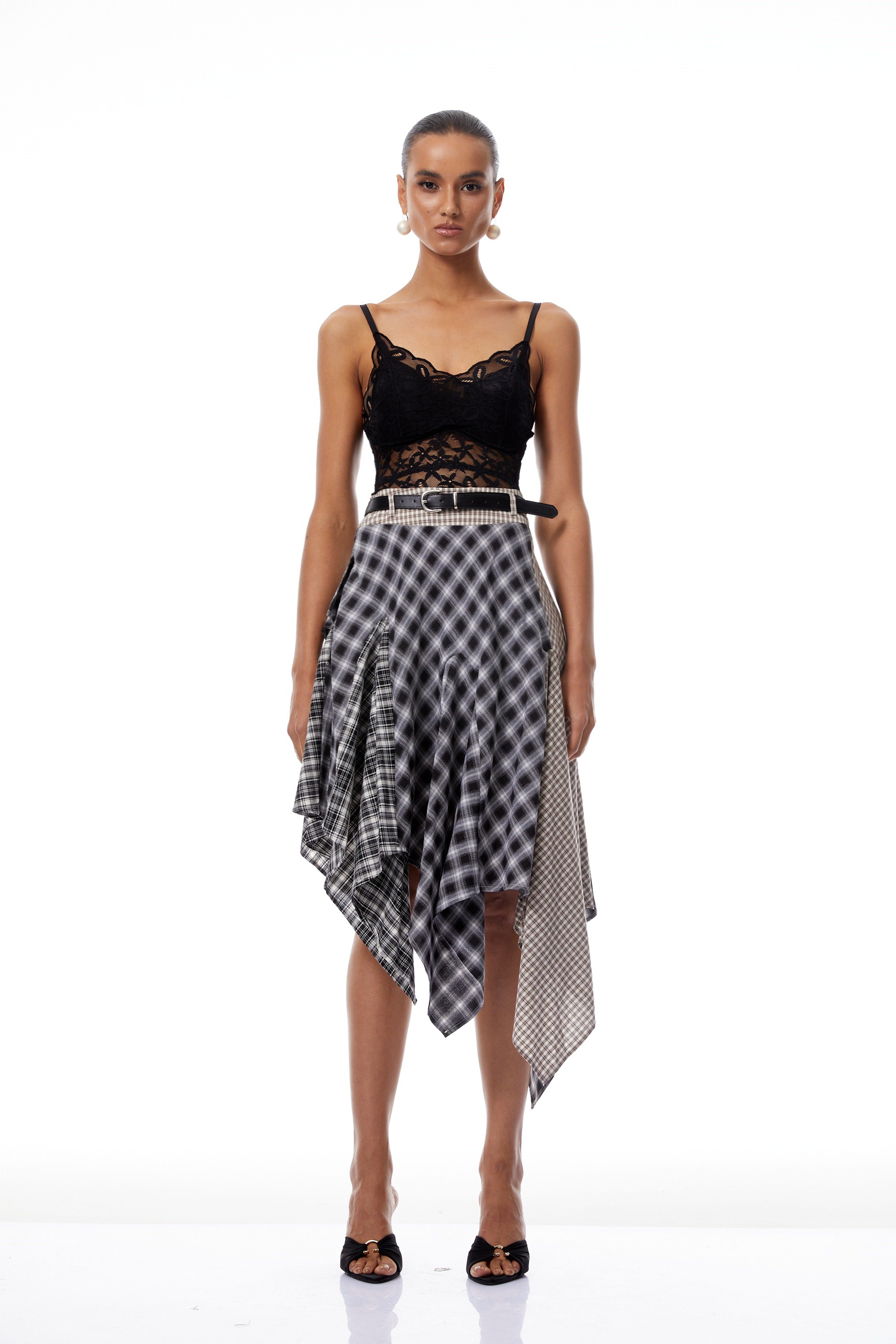 Laia Black Asymmetrical Checked Patchwork Midi Skirt (Final Sale)