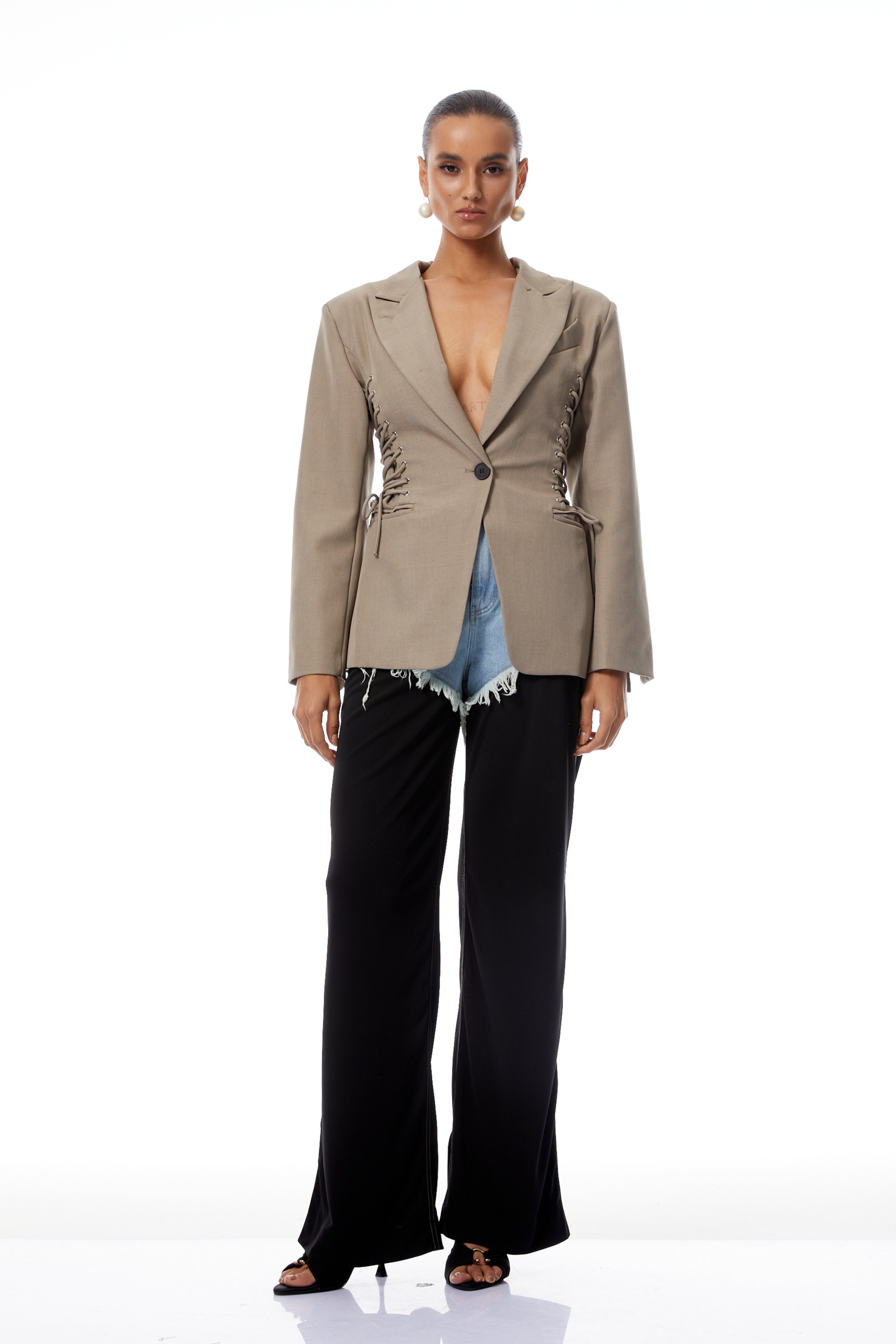 Éliane Grey Lace Up Single-Breasted Blazer