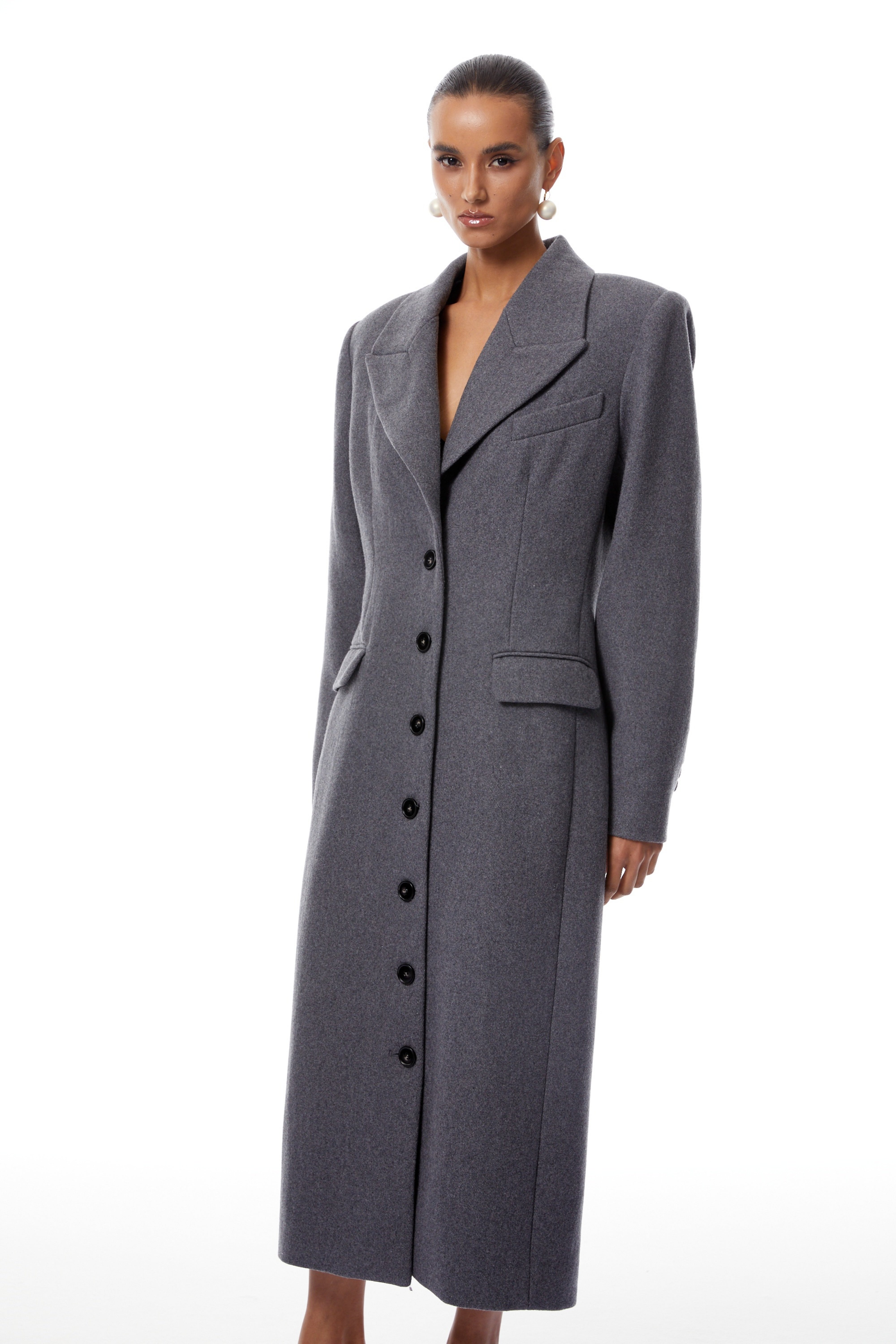 Leire Grey Single-Breasted Tweed Overcoat
