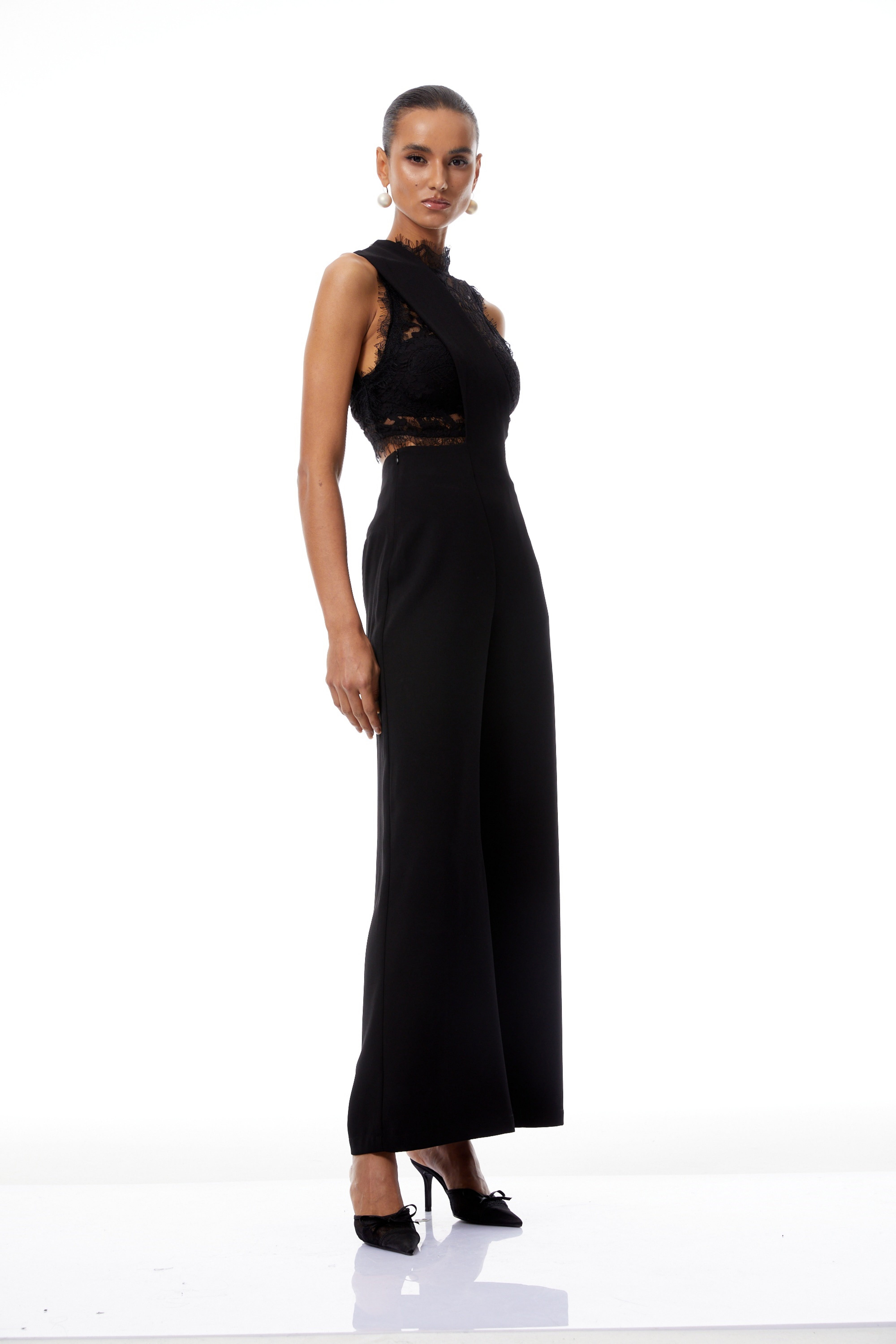 Mélisande Black Lace Top & Asymmetrical Strap Overalls Set (Final Sale-US Only)