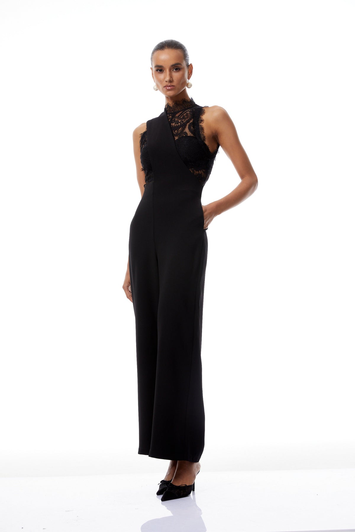 Mélisande Black Lace Top & Asymmetrical Strap Overalls Set