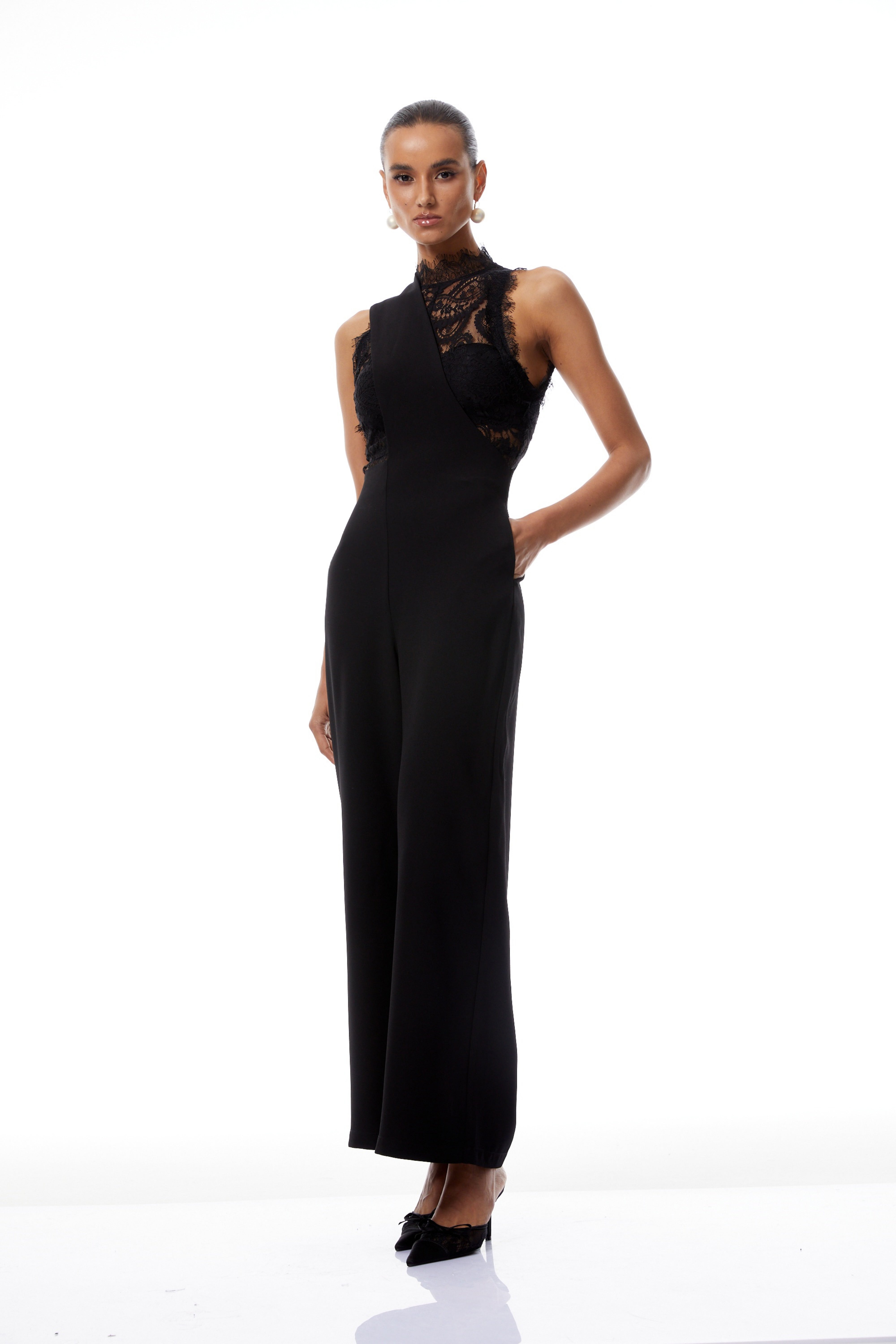 Mélisande Black Lace Top & Asymmetrical Strap Overalls Set (Final Sale-US Only)