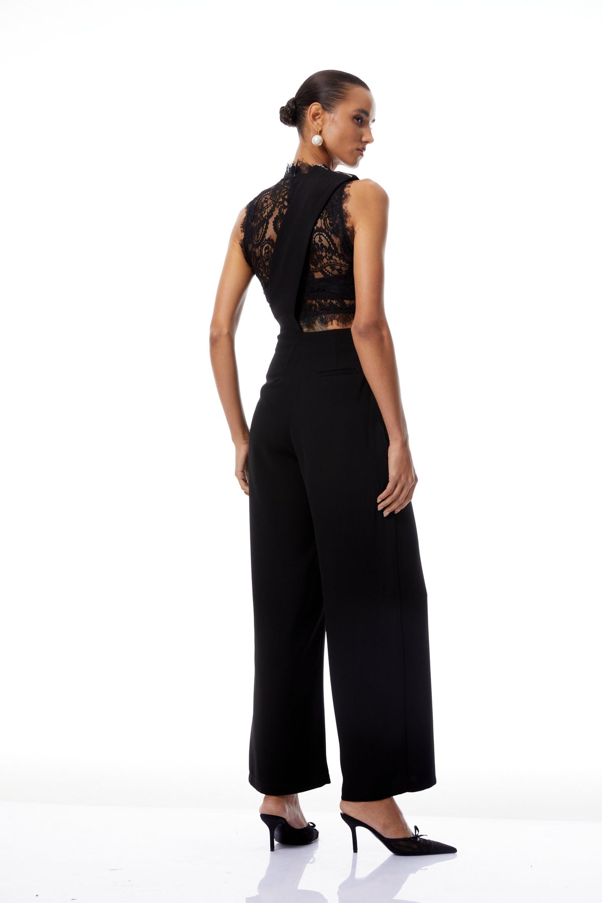 Mélisande Black Lace Top & Asymmetrical Strap Overalls Set