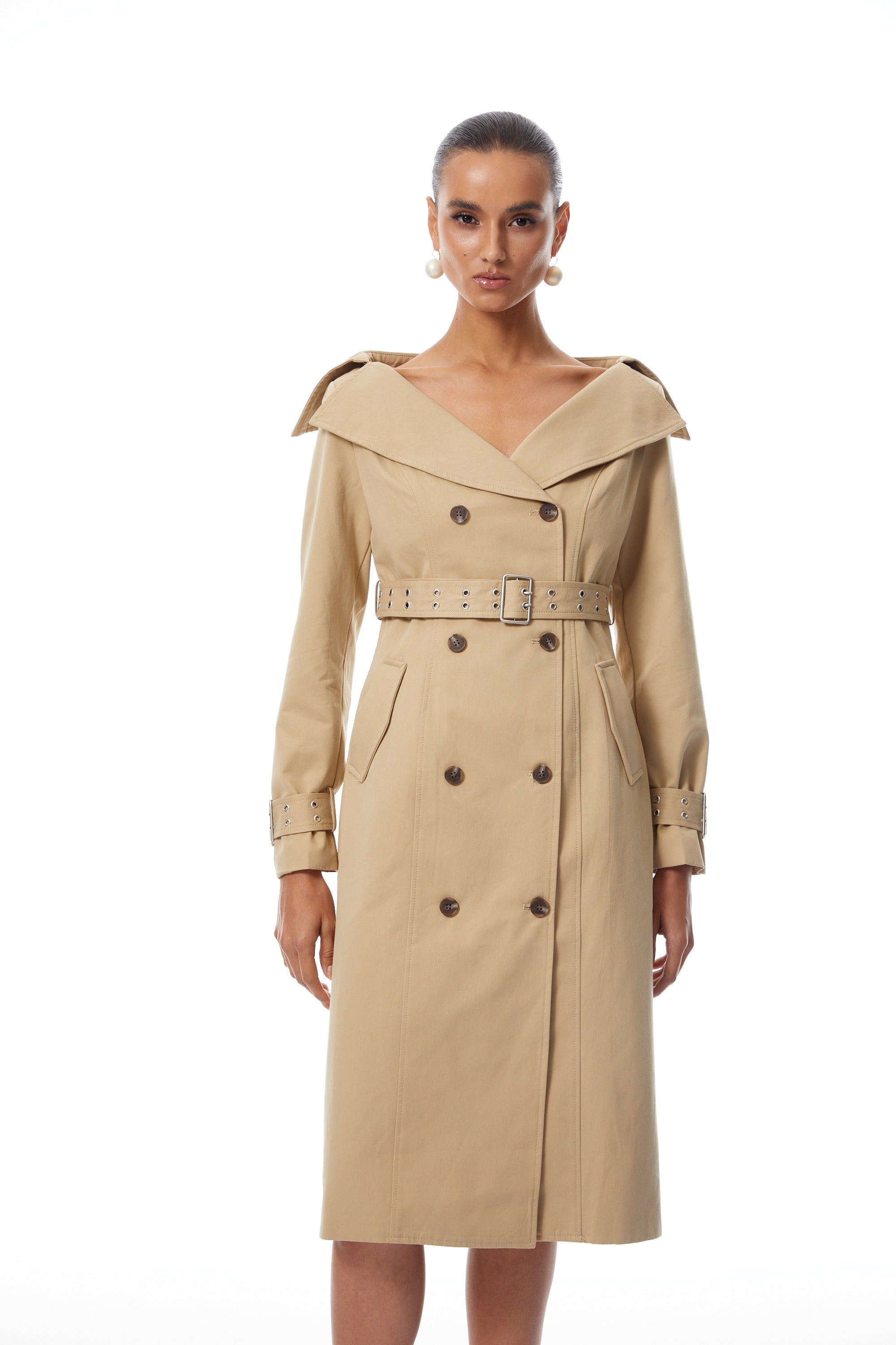 Eufrosina Khaki Double-Breasted Trench Dress