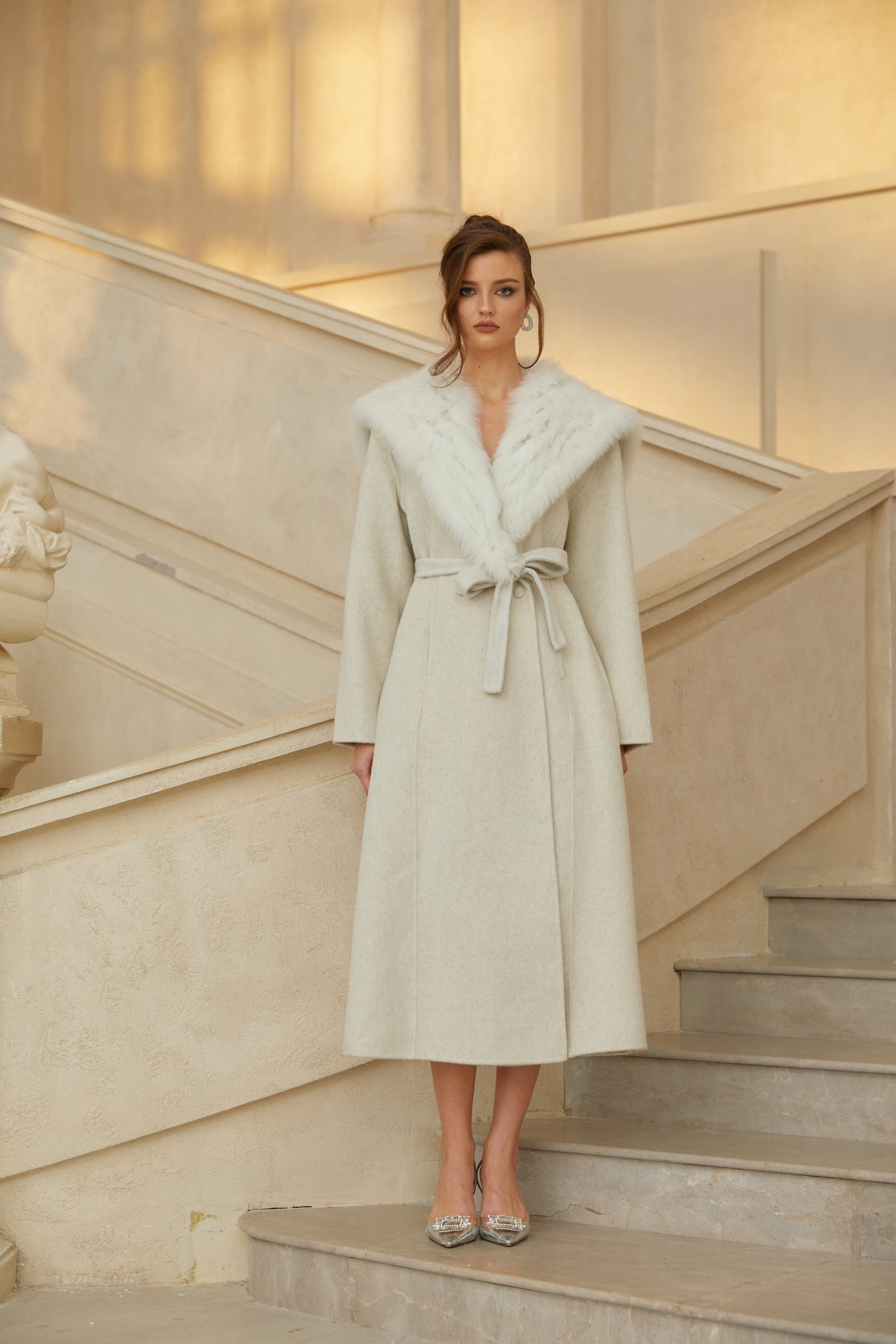 Lavinia Off White Fur Lapel Long Wool Coat