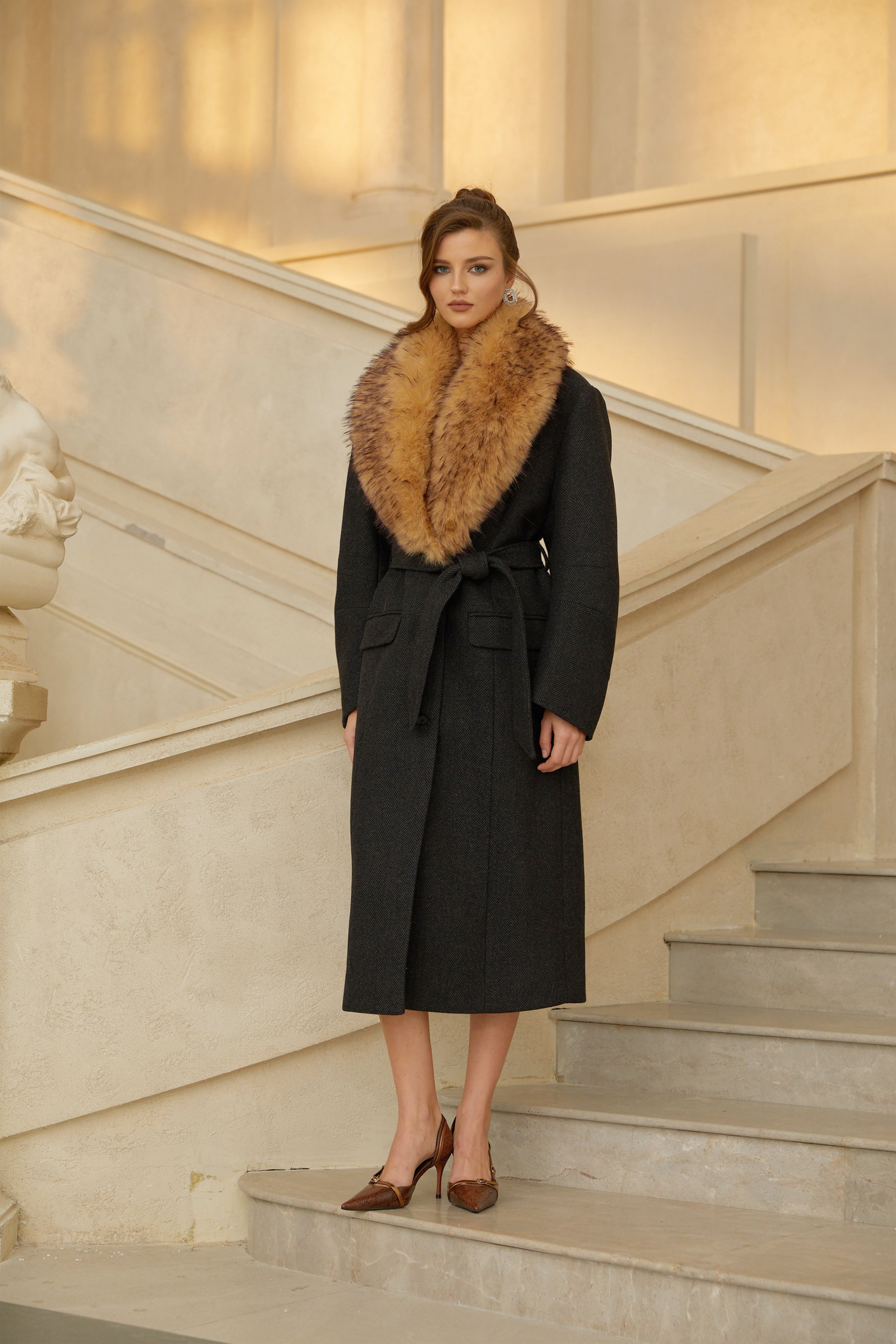 Fable Black Fur Lapel Long Tweed Coat