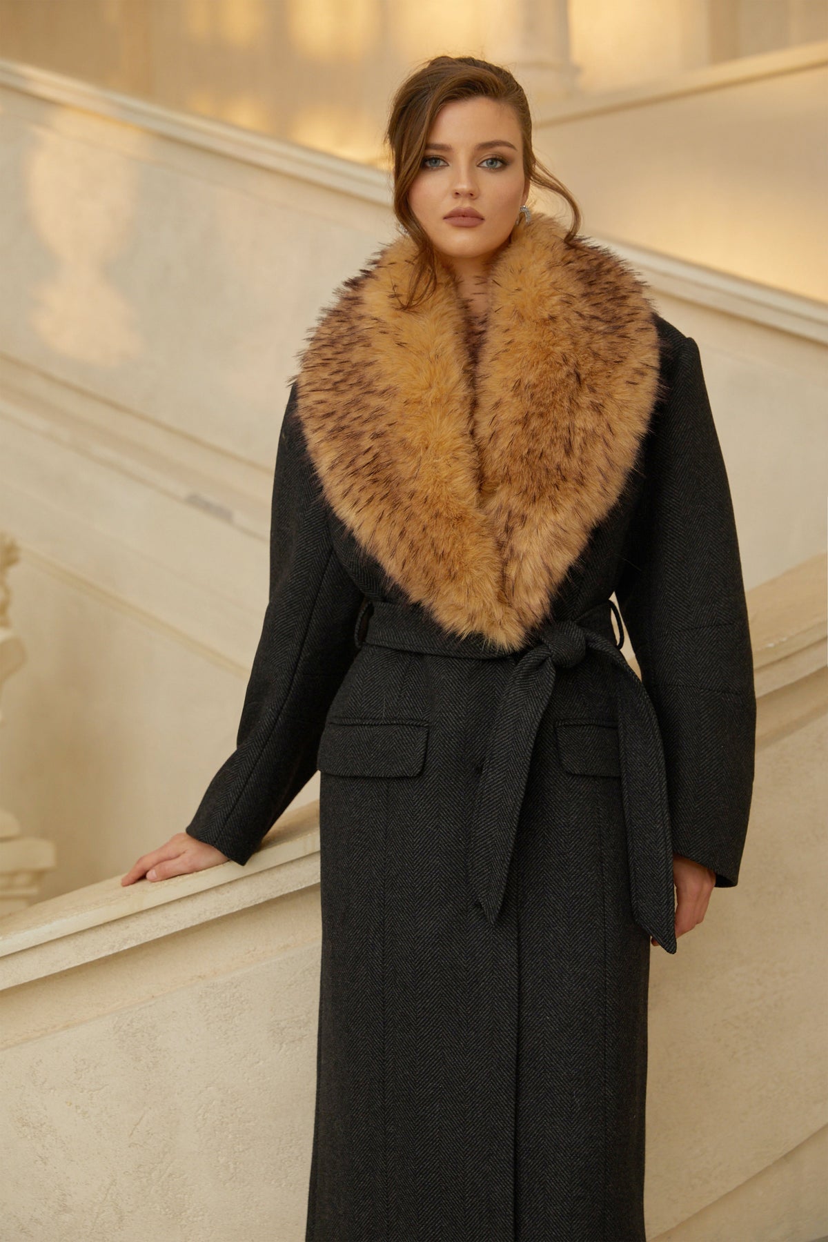 Fable Black Fur Lapel Long Tweed Coat