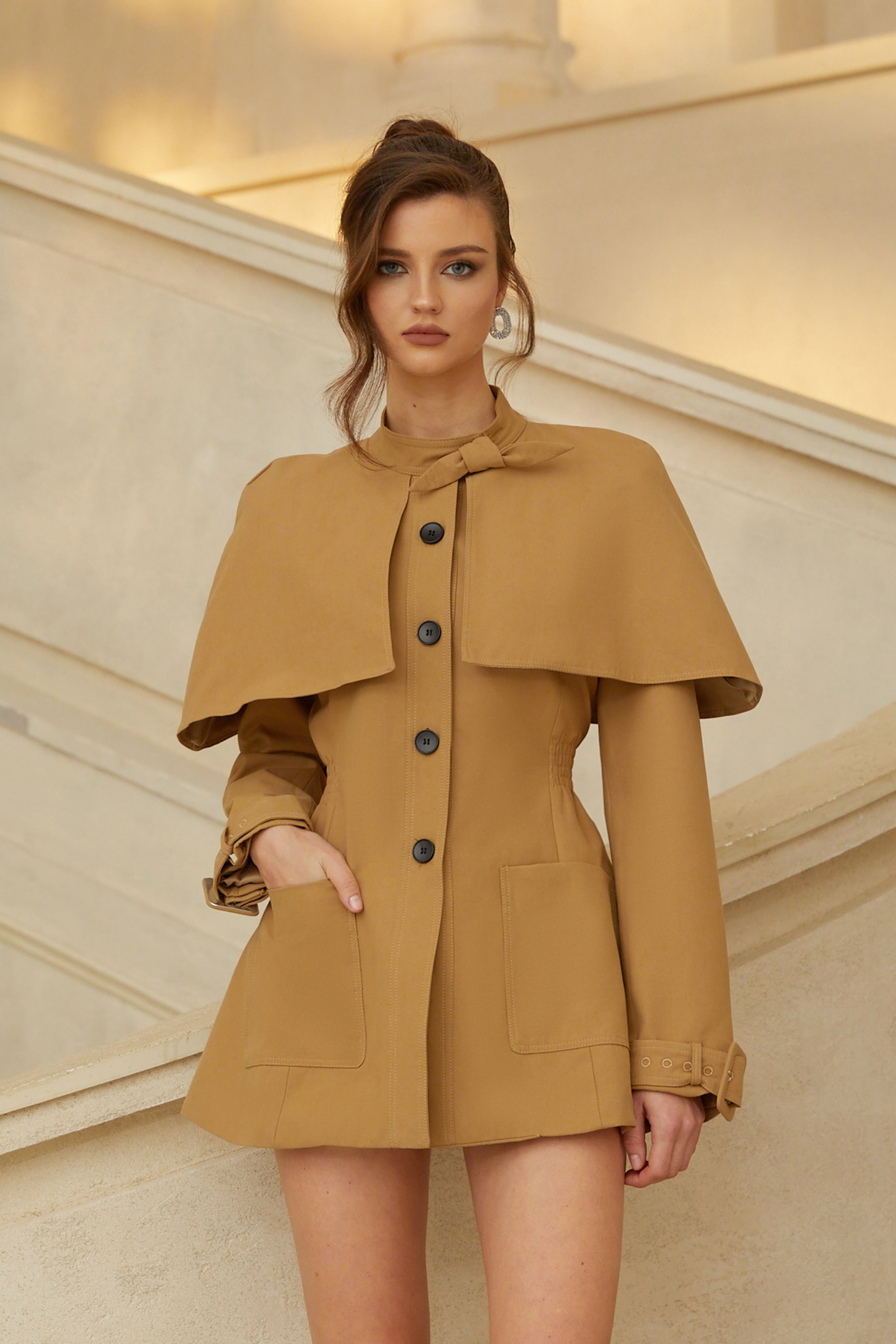 Azzurra Brown Cape-Detail Trench Mini Dress