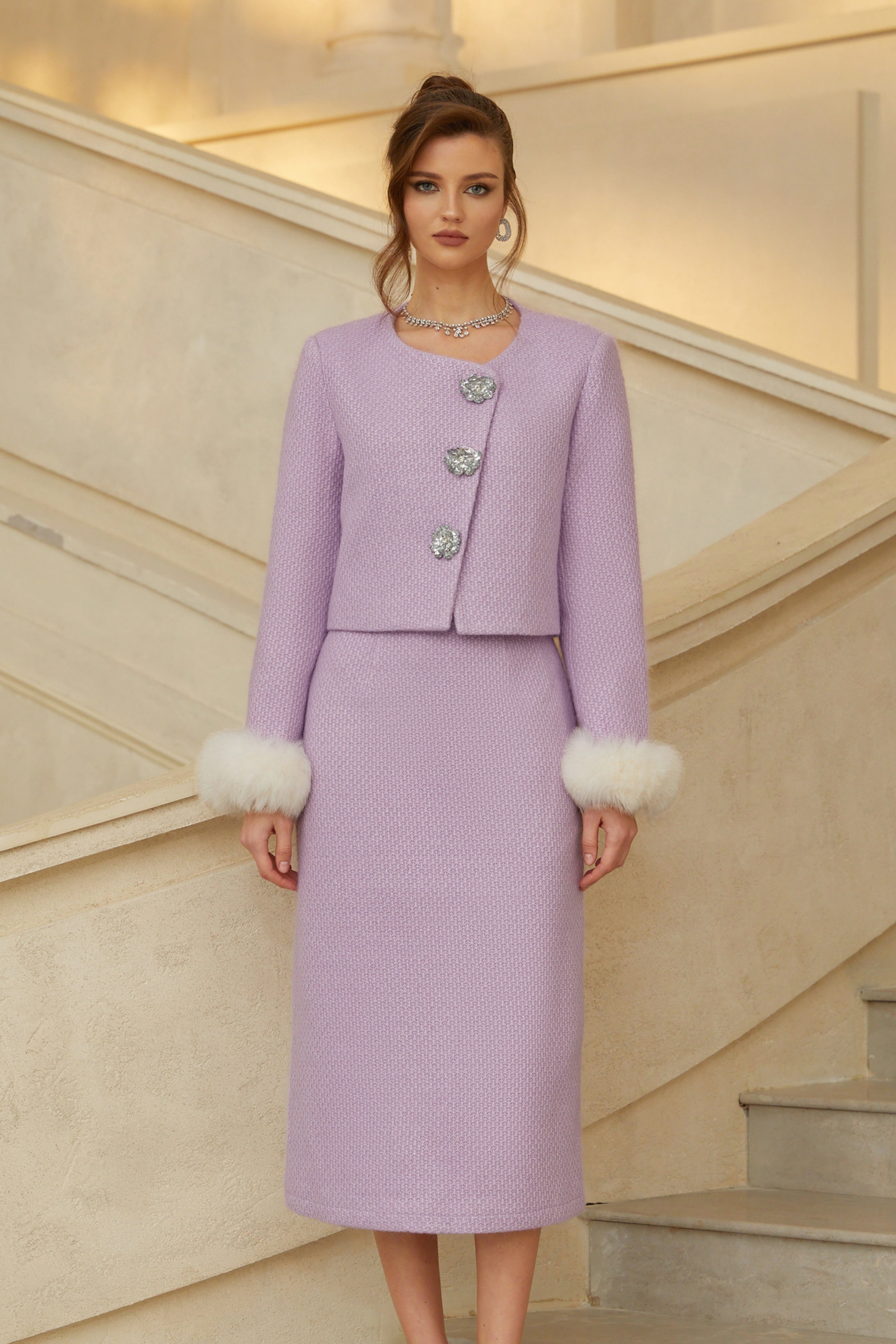 Dolly Purple Fur Trim Tweed Jacket & Skirt Set