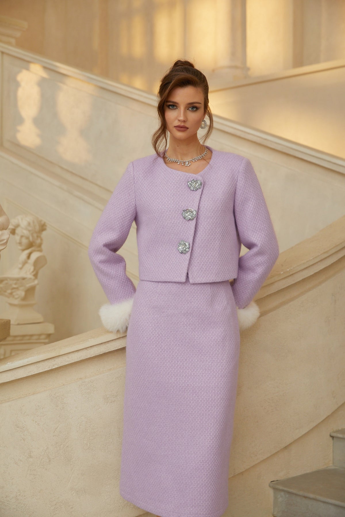 Dolly Purple Fur Trim Tweed Jacket & Skirt Set