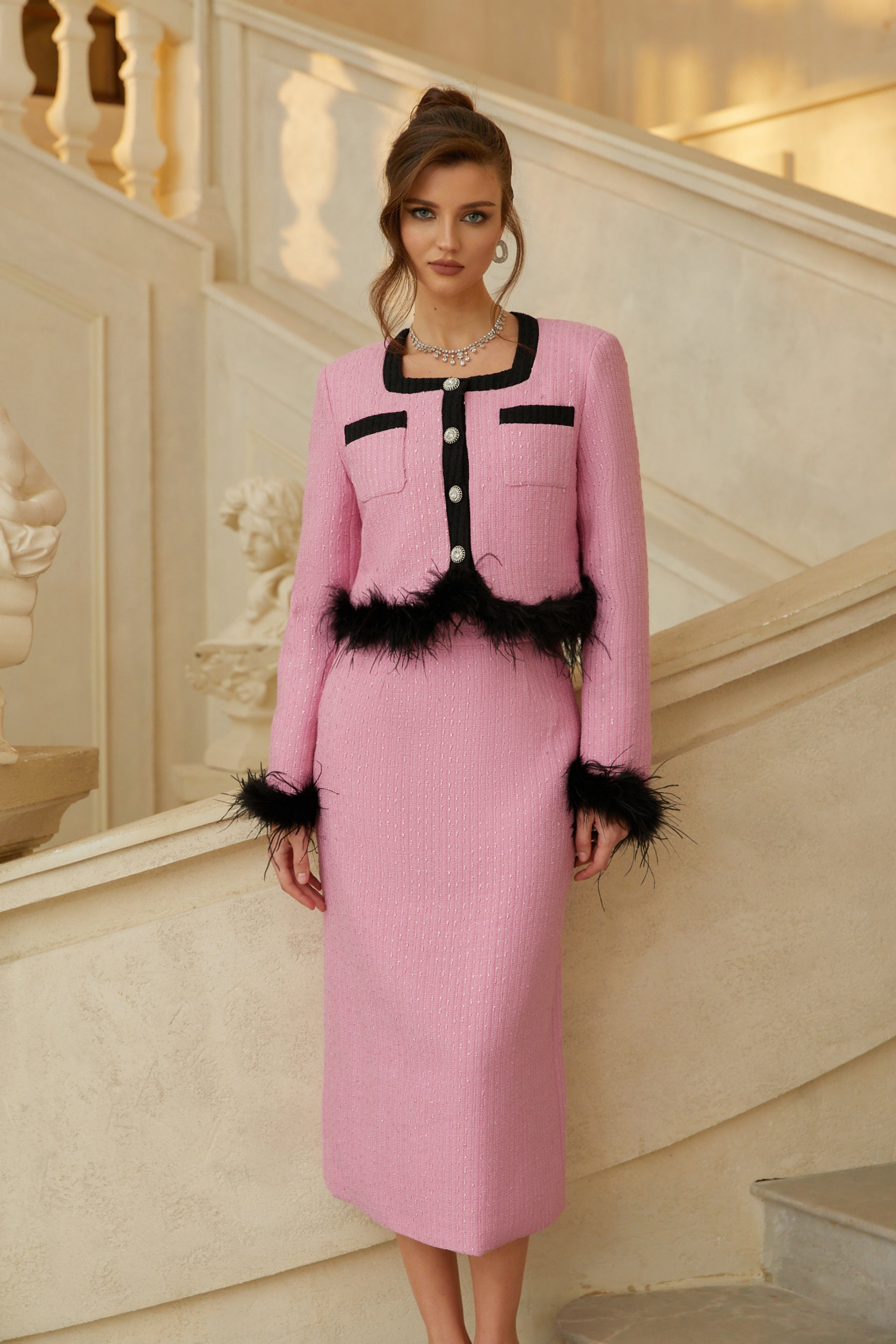 Dixie Pink Feather Trim Tweed Jacket & Skirt Set
