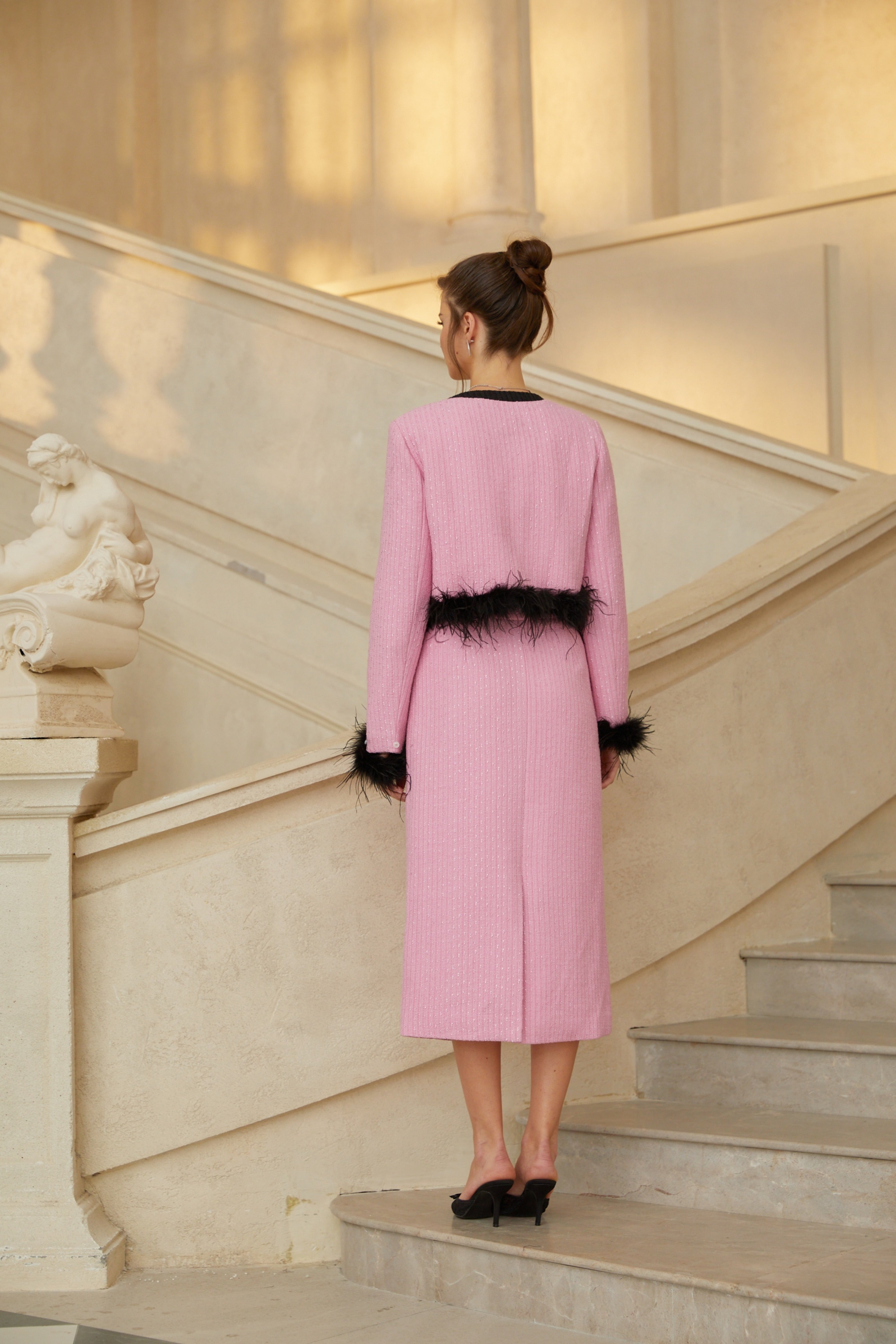 Dixie Pink Feather Trim Tweed Jacket & Skirt Set