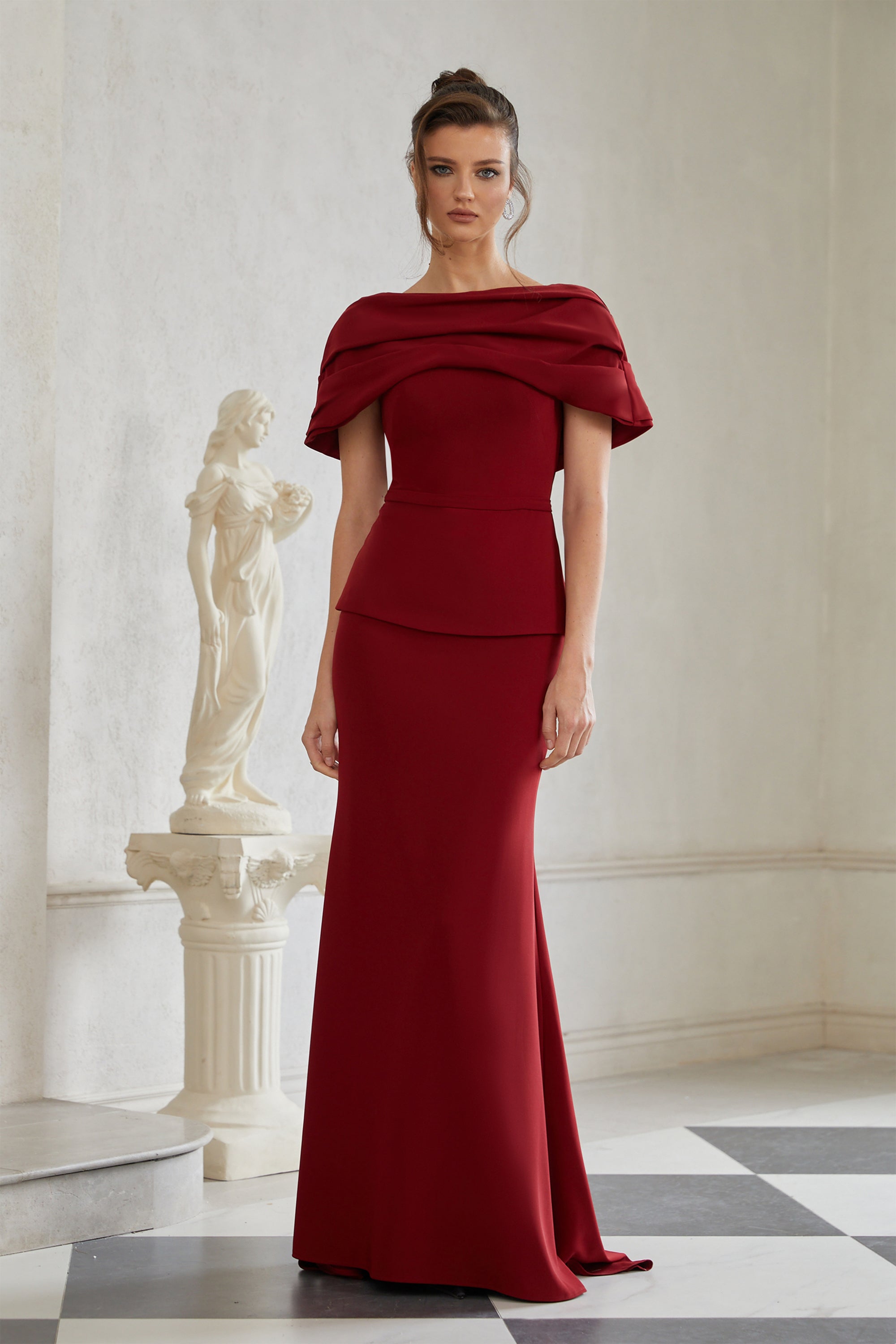 Lauren Red Ruched Shawl Detail Maxi Dress (Final Sale-US Only)