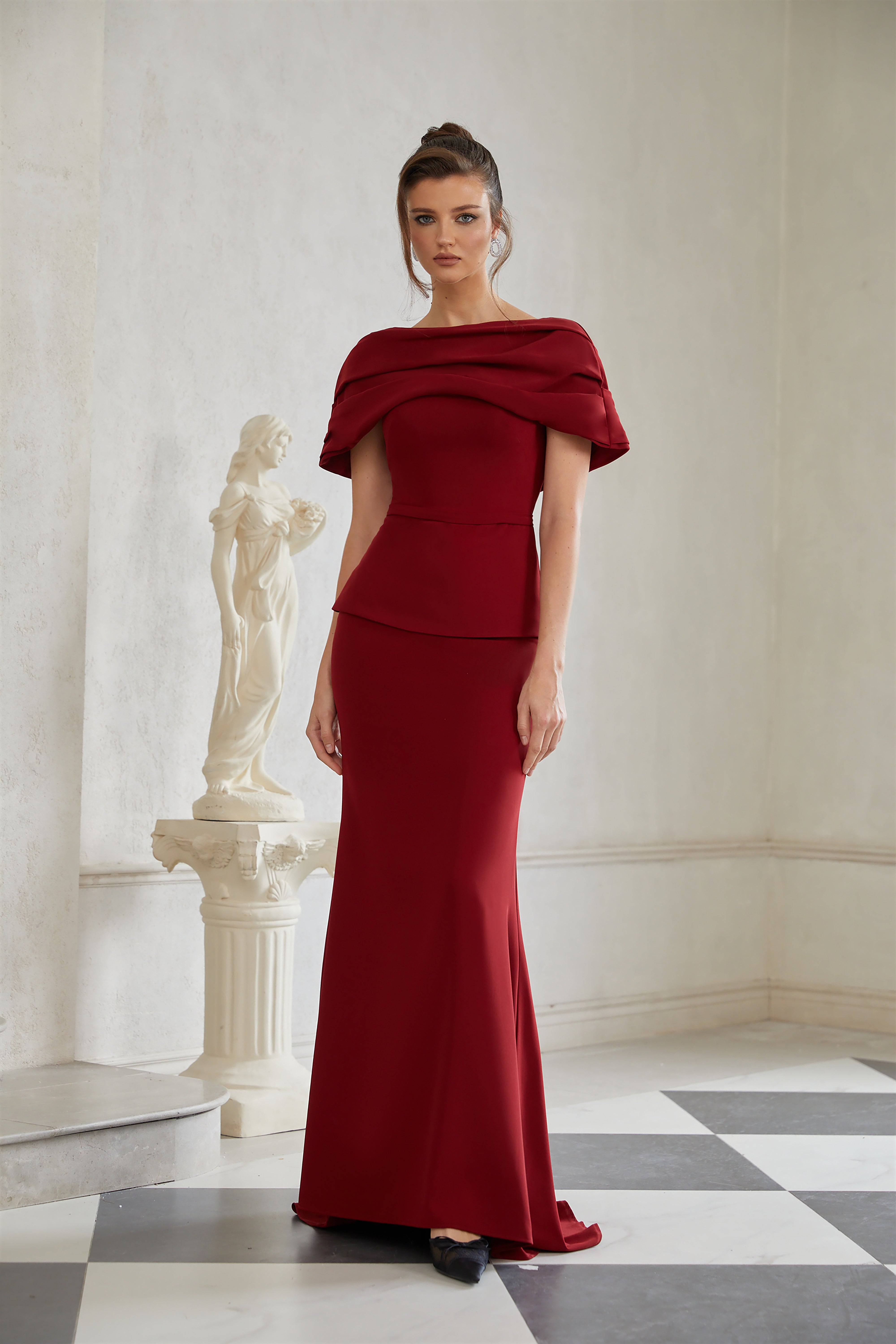 Lauren Red Ruched Shawl Detail Maxi Dress