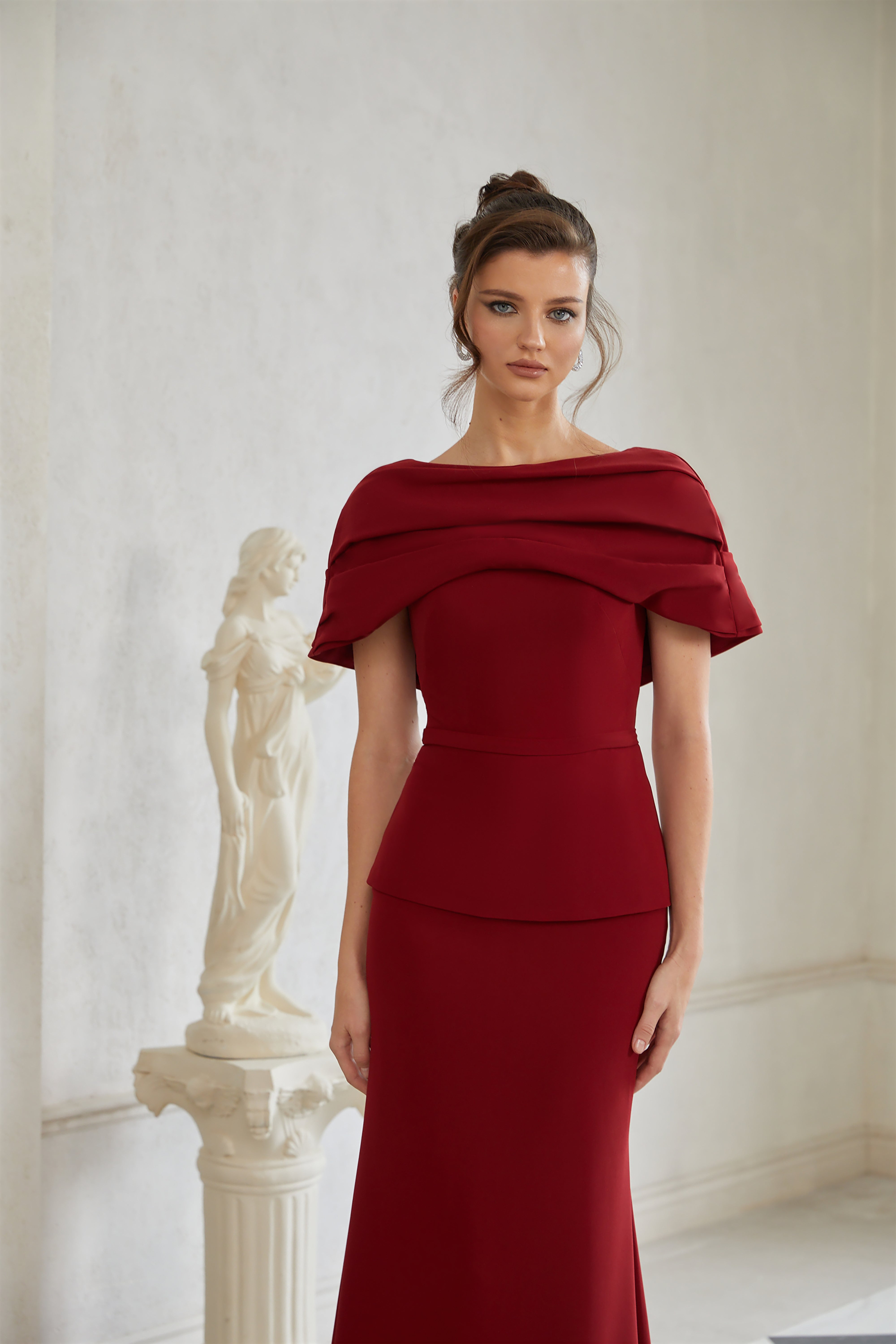 Lauren Red Ruched Shawl Detail Maxi Dress