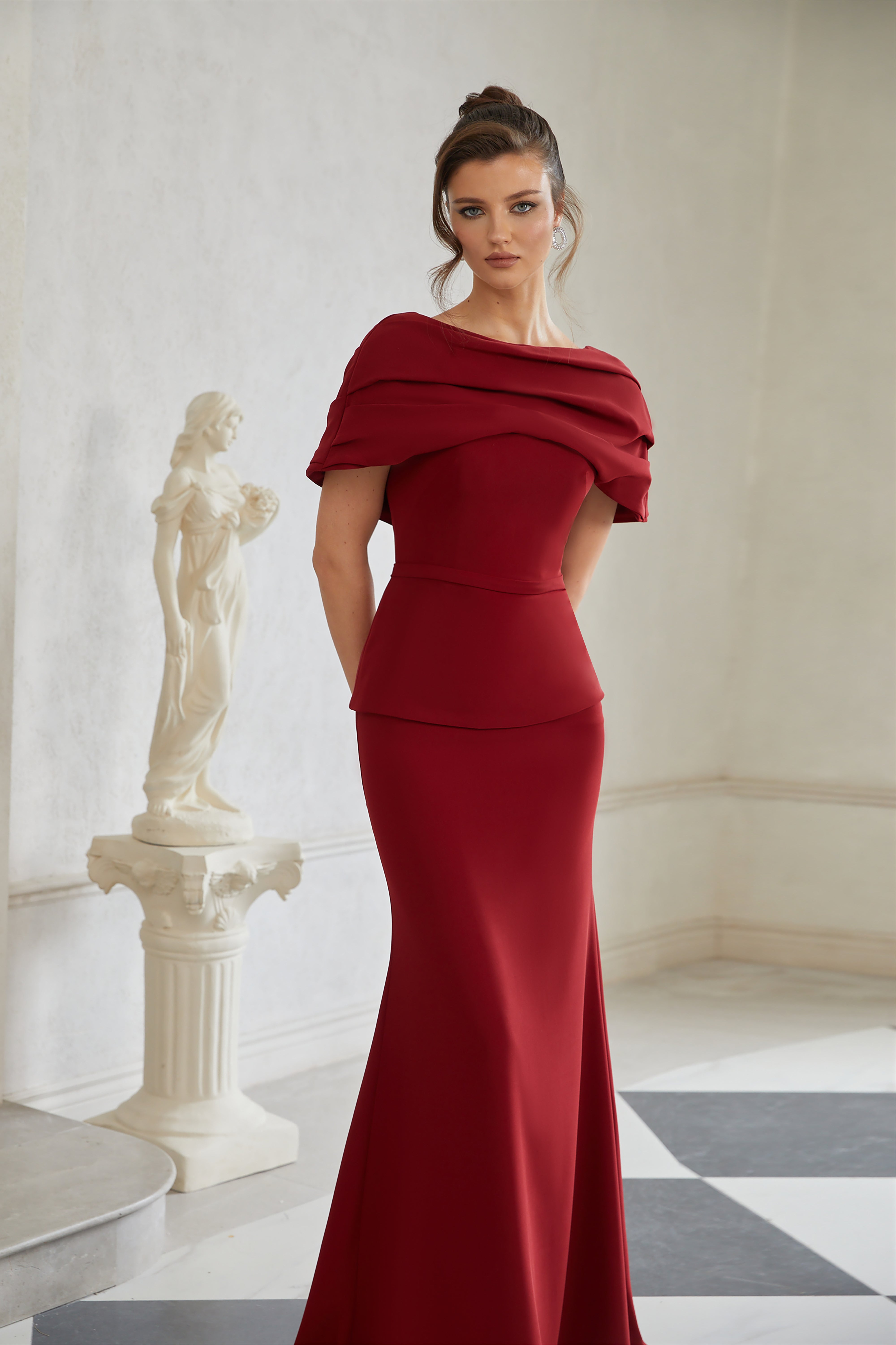 Lauren Red Ruched Shawl Detail Maxi Dress