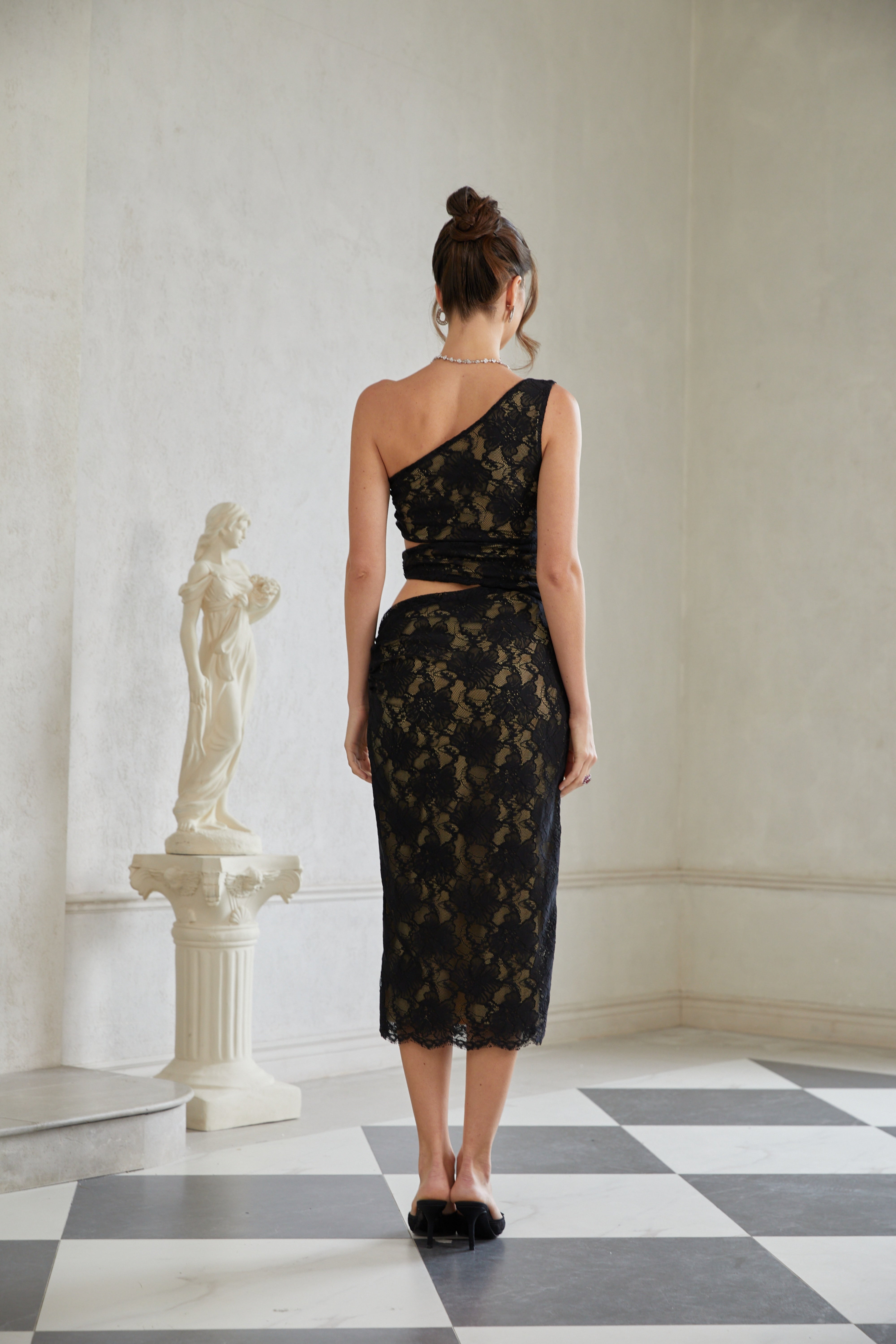 Bianca Black Cut Out Floral Lace Midi Dress