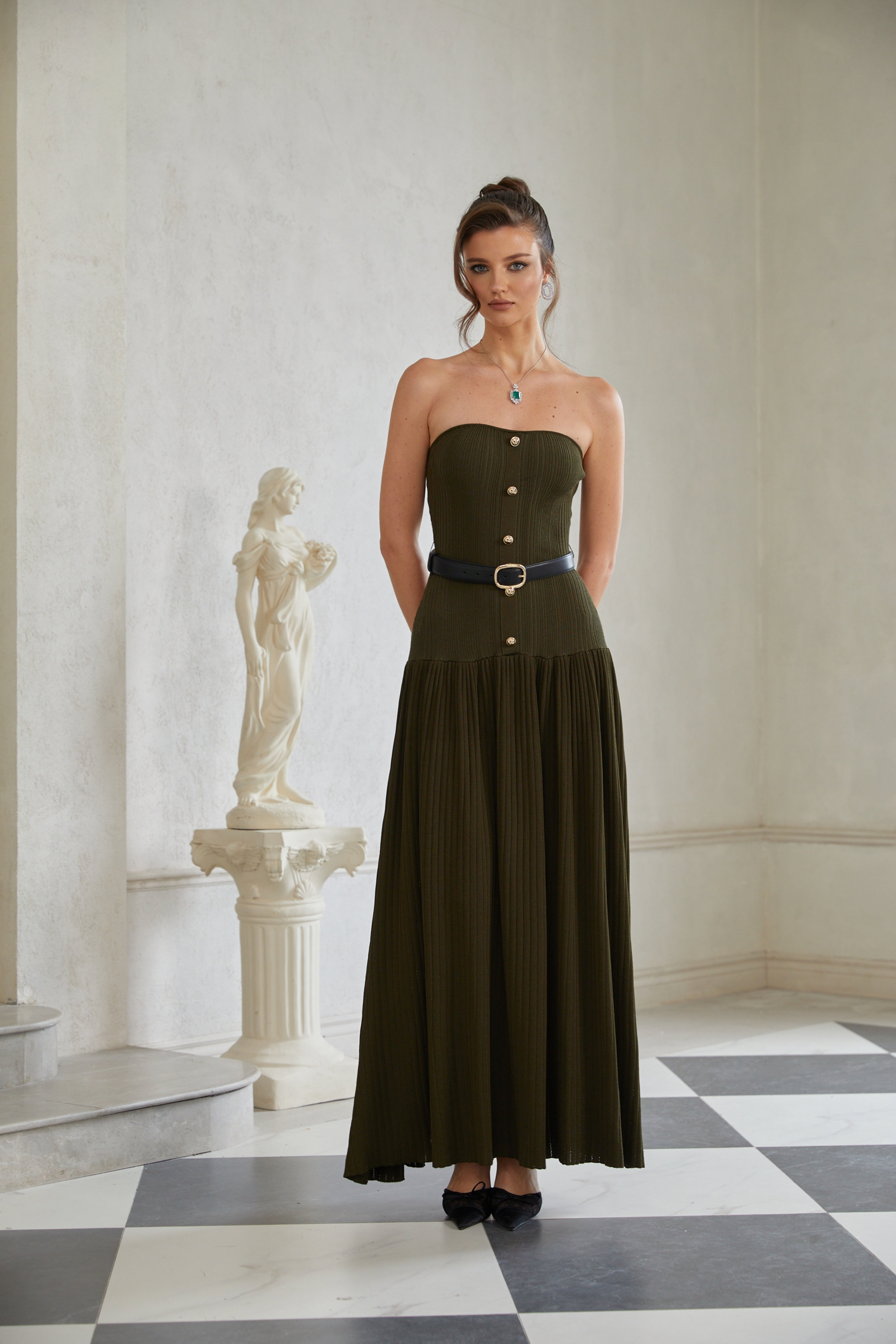 Lavinia Green Off Shoulder Ribbed Knit Maxi Dress