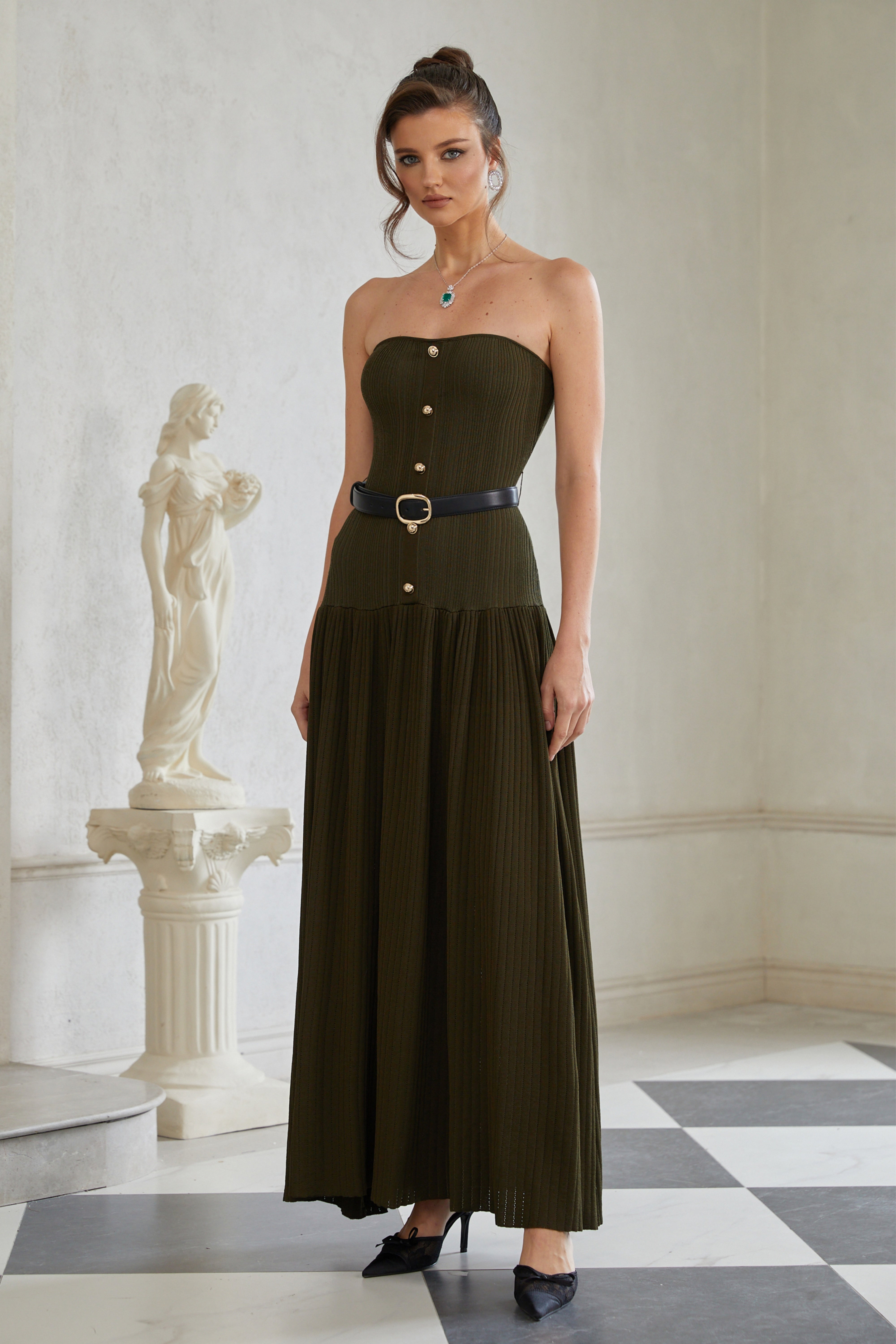 Lavinia Green Off Shoulder Ribbed Knit Maxi Dress