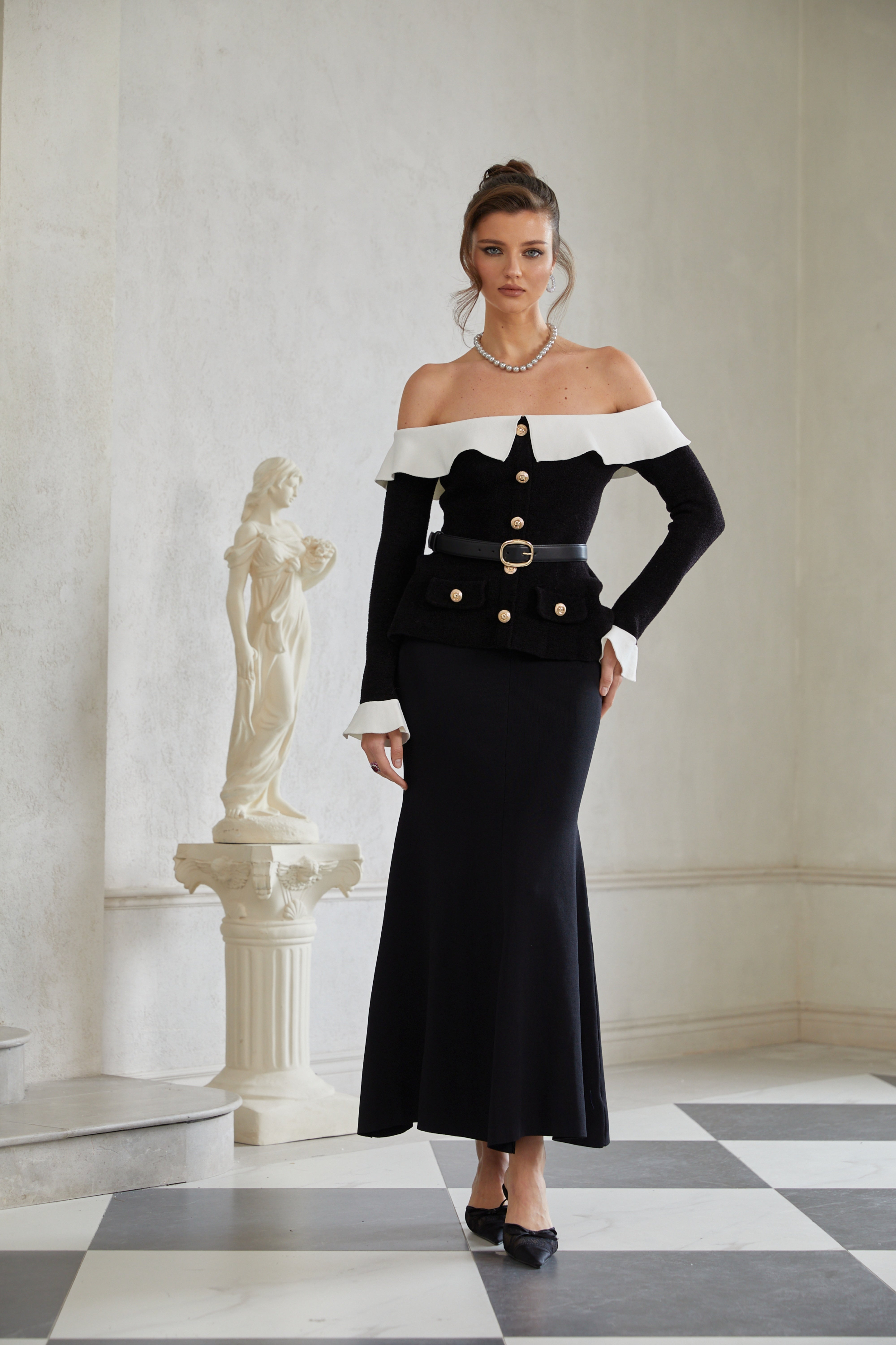 Giorgia Black Ruffled Trim Knit Maxi Dress