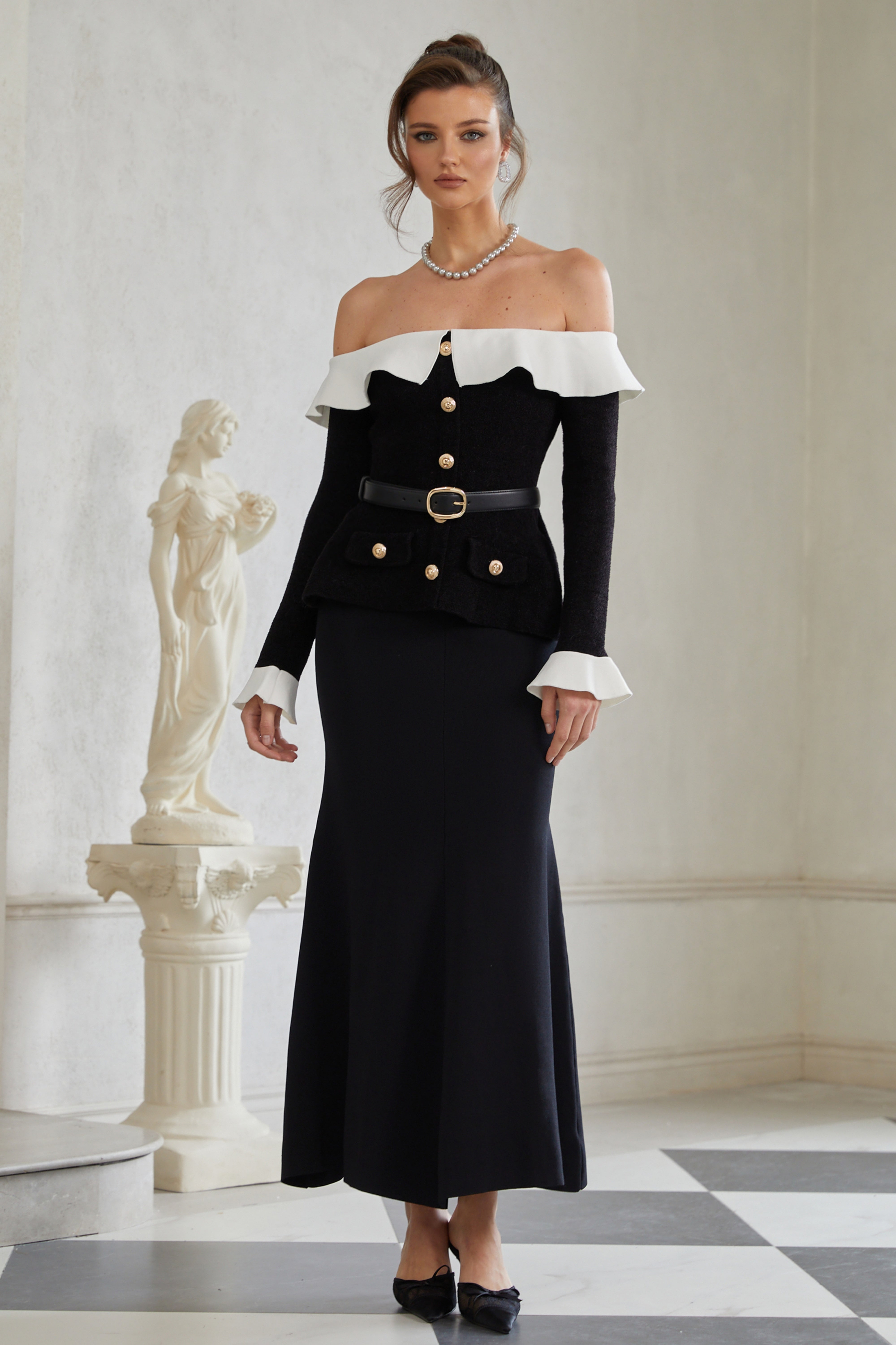 Giorgia Black Ruffled Trim Knit Maxi Dress