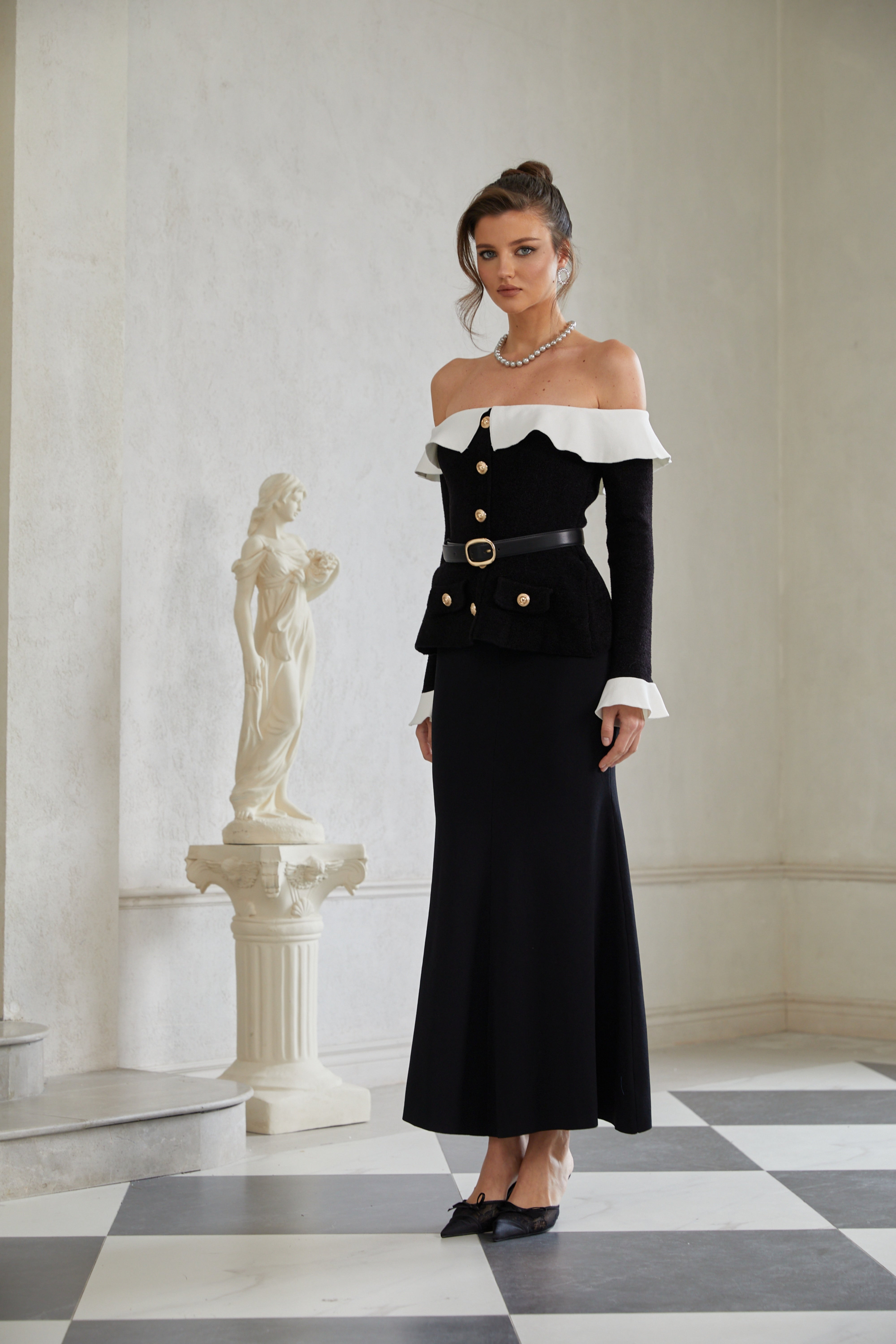 Giorgia Black Ruffled Trim Knit Maxi Dress