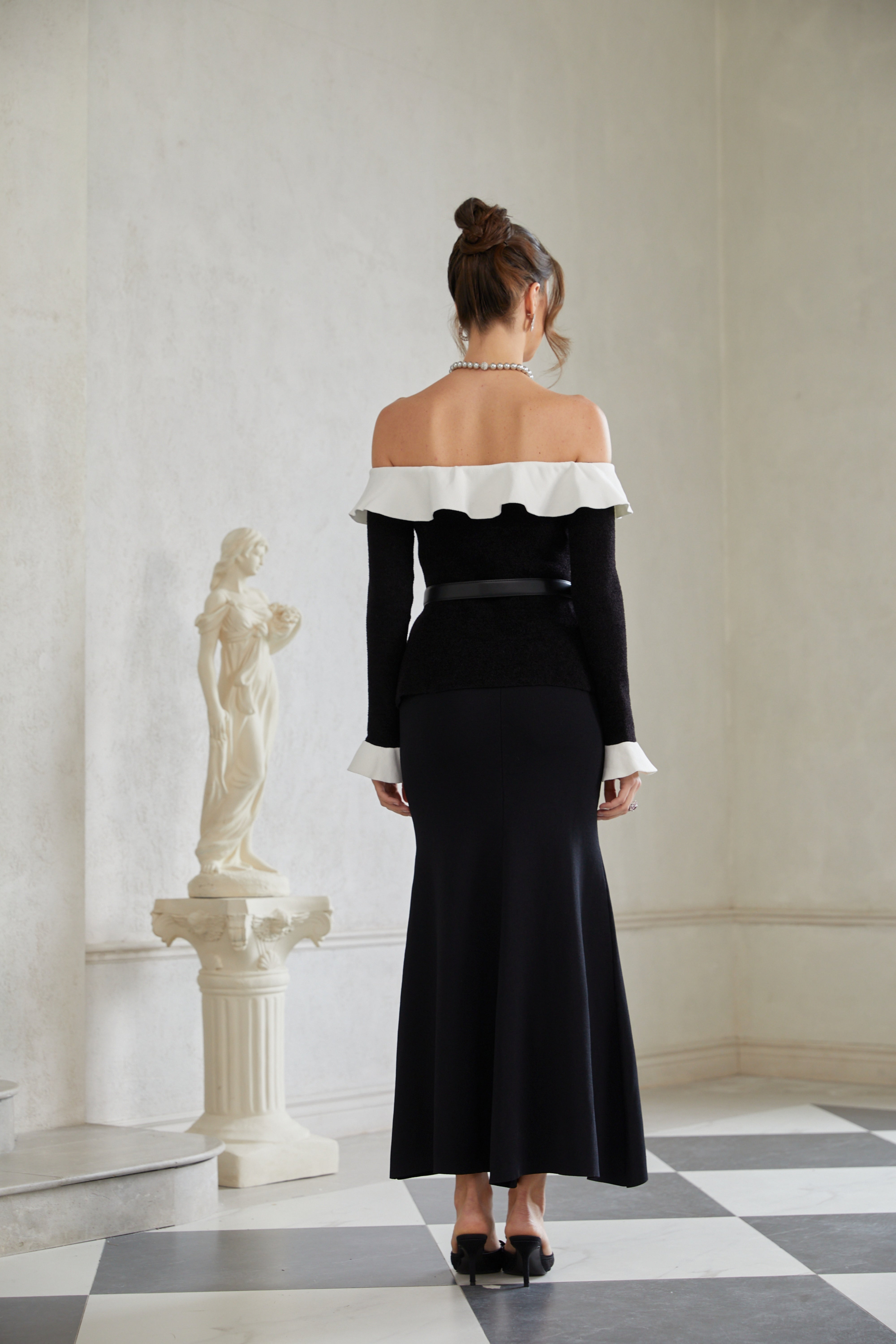 Giorgia Black Ruffled Trim Knit Maxi Dress