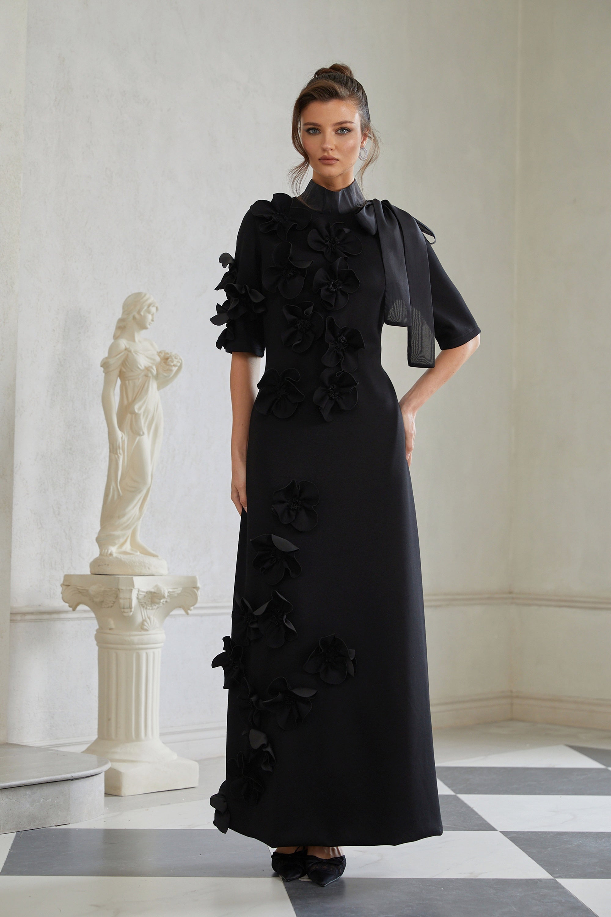 Isidora Black Bowknot Floral Appliqué Maxi Dress