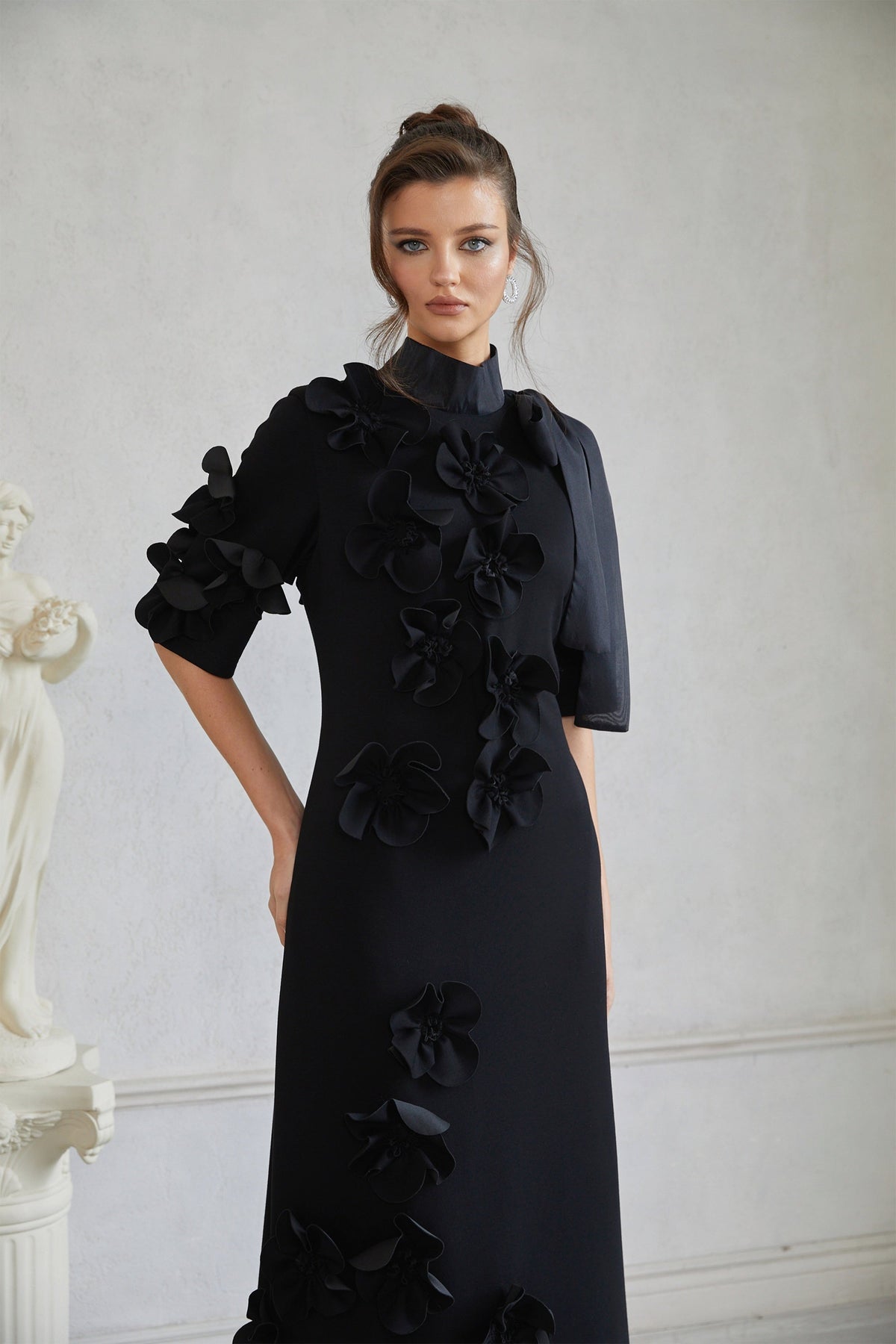 Isidora Black Bowknot Floral Appliqué Maxi Dress
