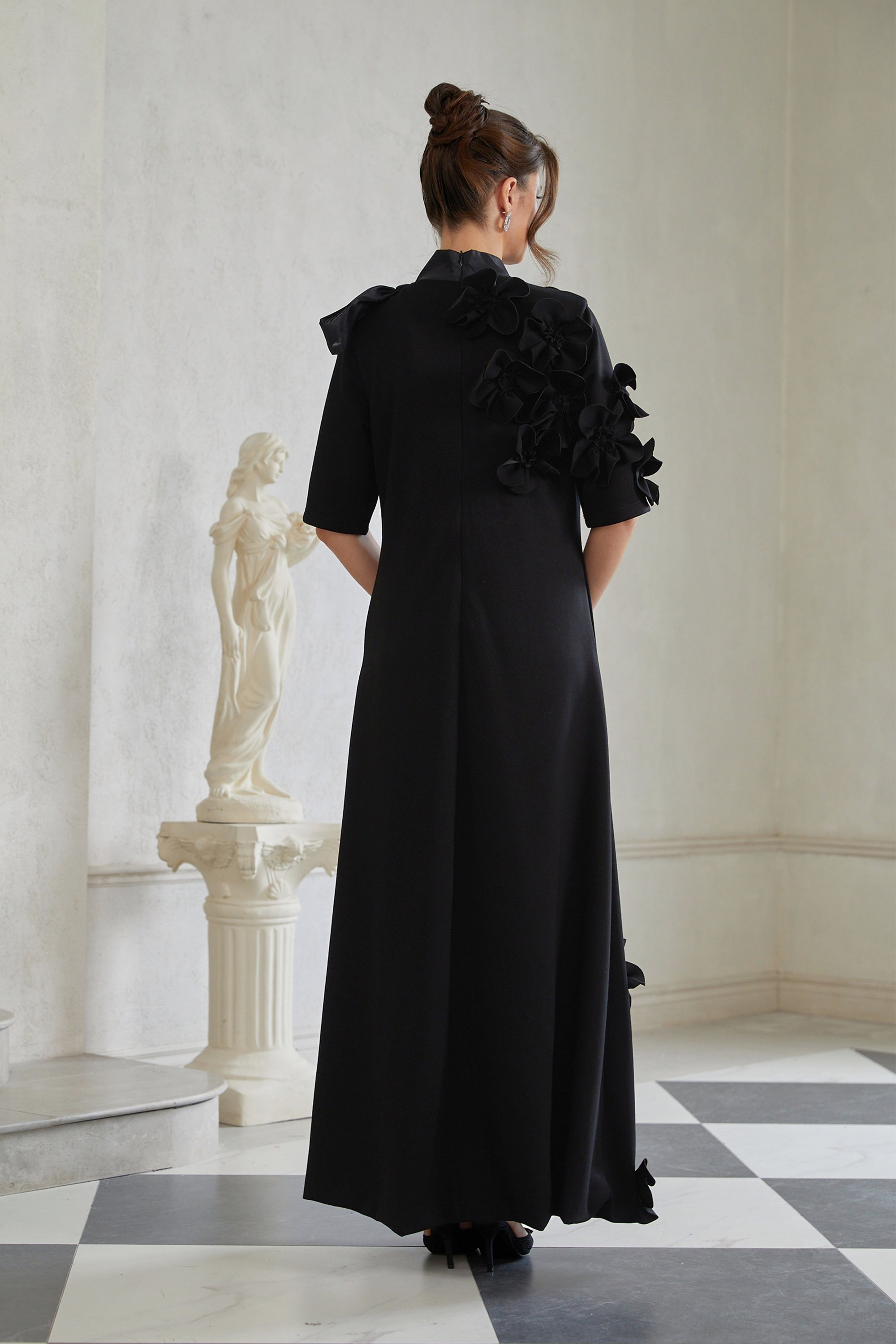 Isidora Black Bowknot Floral Appliqué Maxi Dress