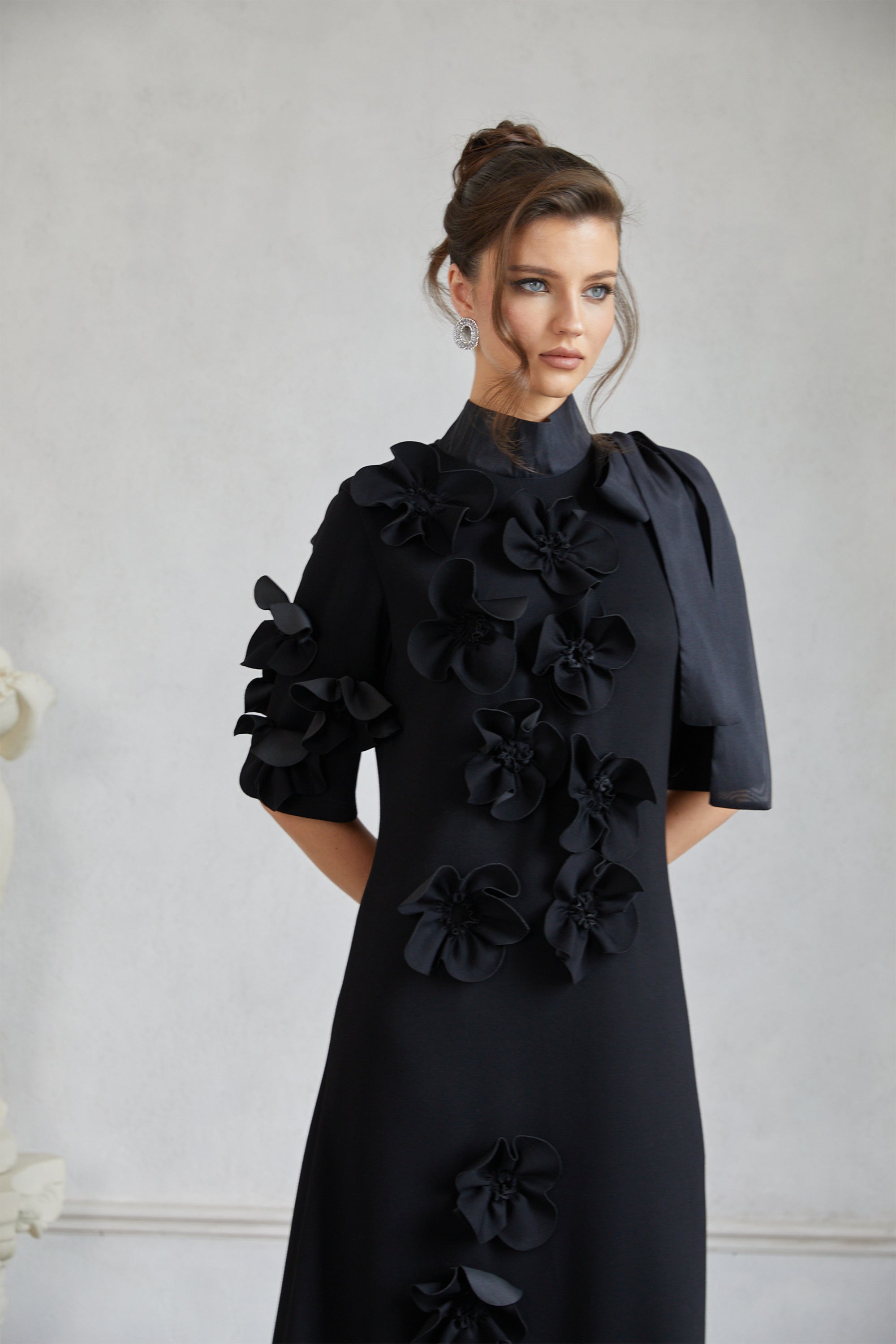 Isidora Black Bowknot Floral Appliqué Maxi Dress