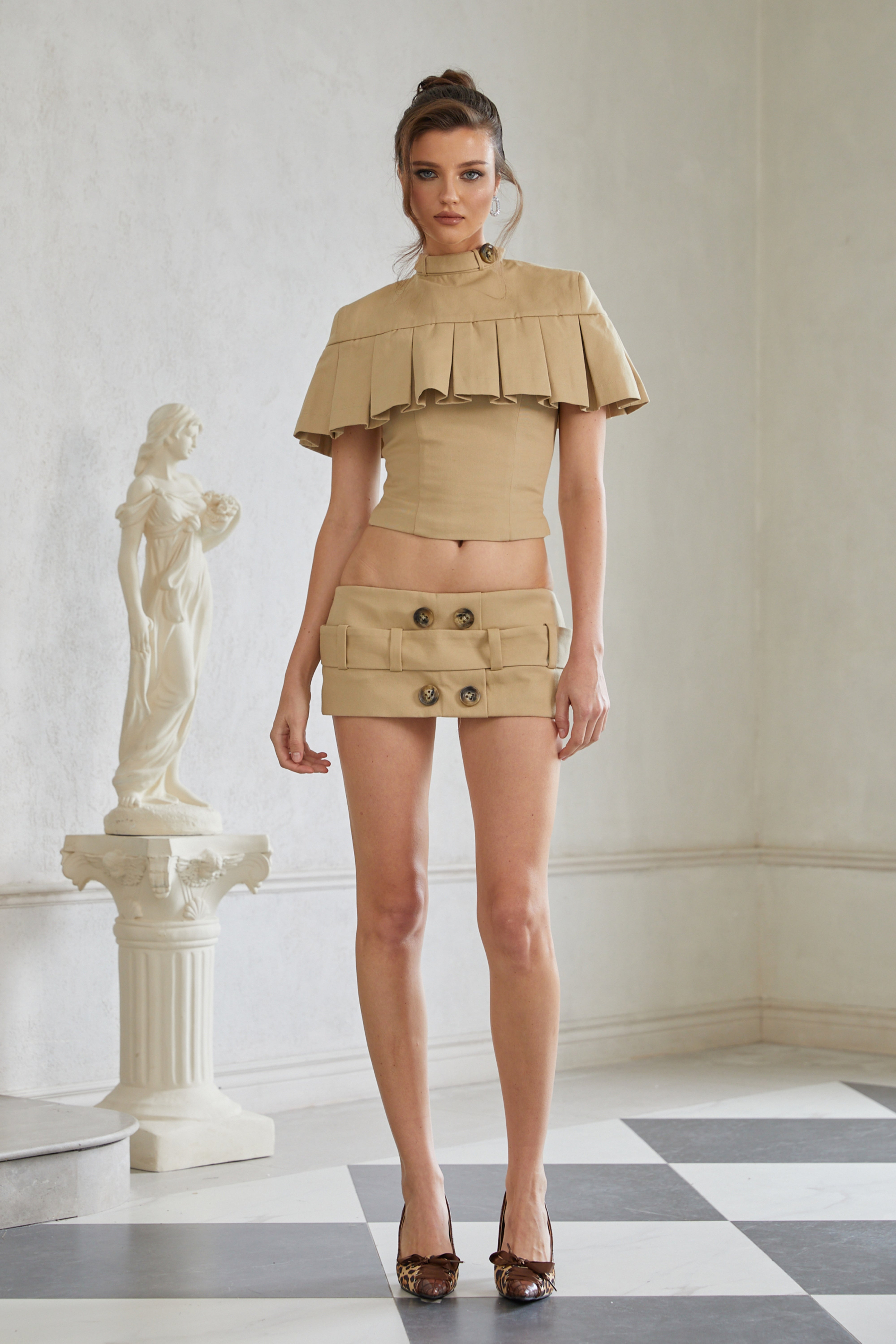 Antonella Khaki Pleated Cape Top & Pencil Skirt Set (Final Sale)