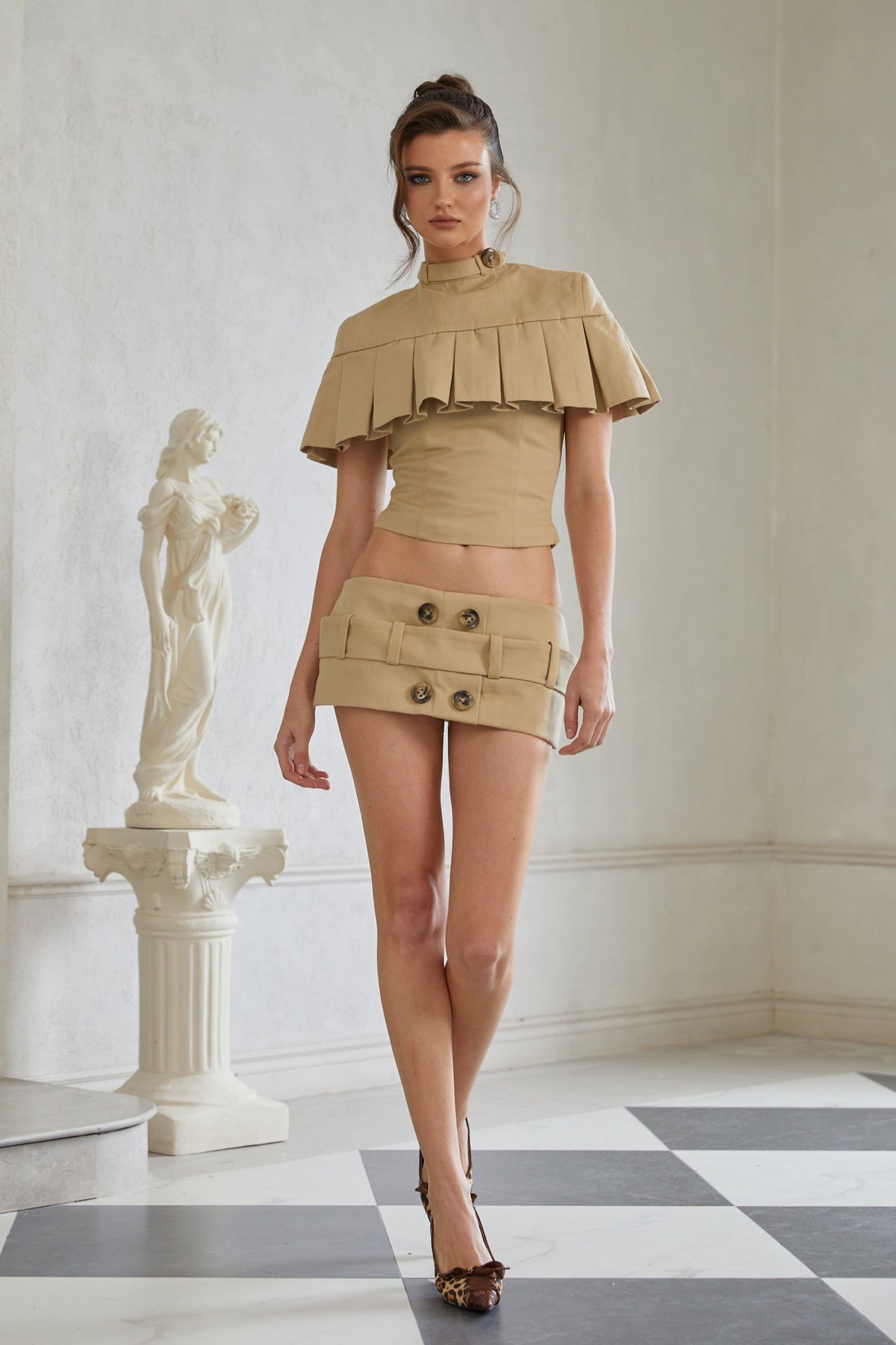 Antonella Khaki Pleated Cape Top & Pencil Skirt Set