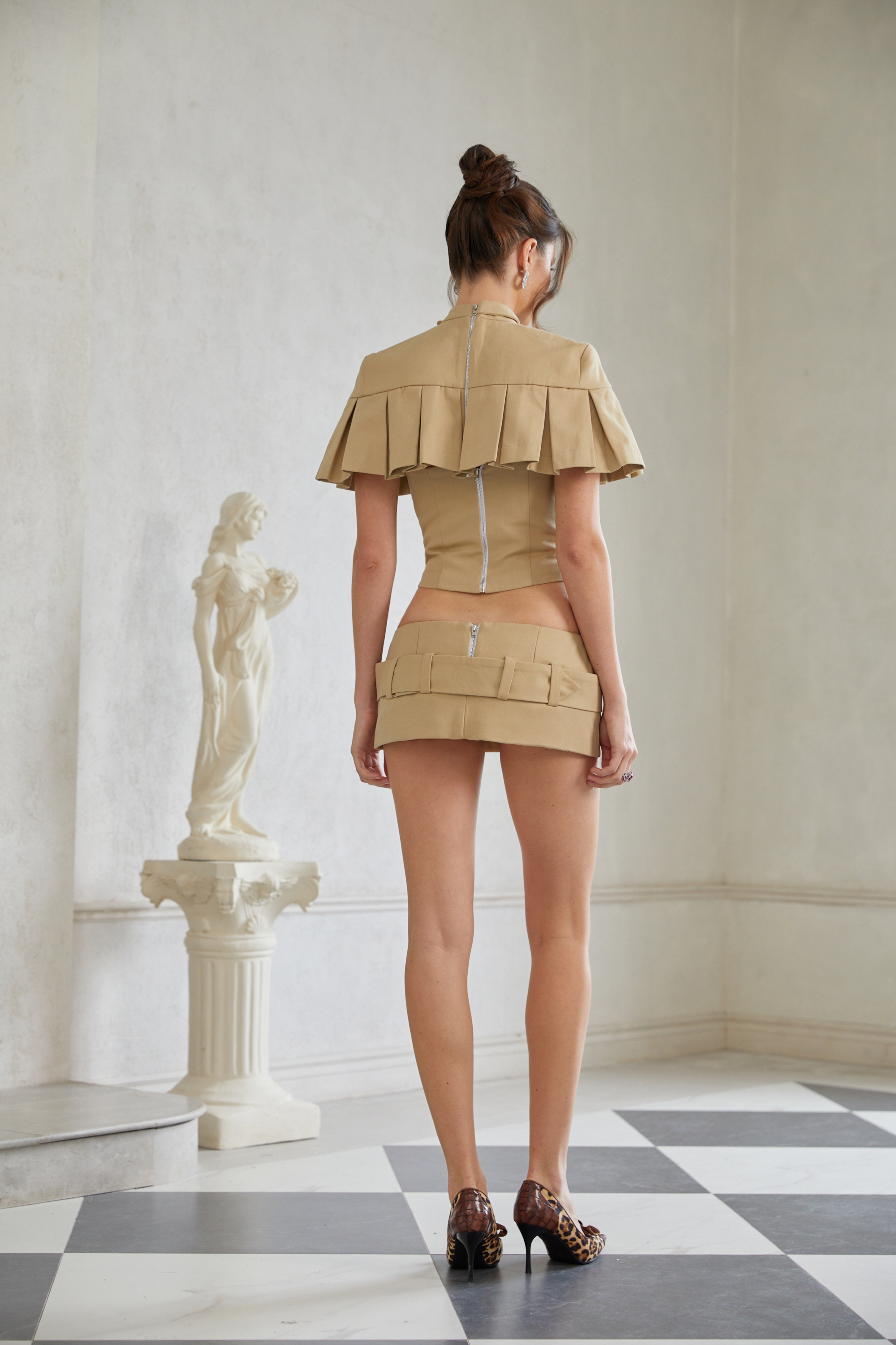 Antonella Khaki Pleated Cape Top & Pencil Skirt Set