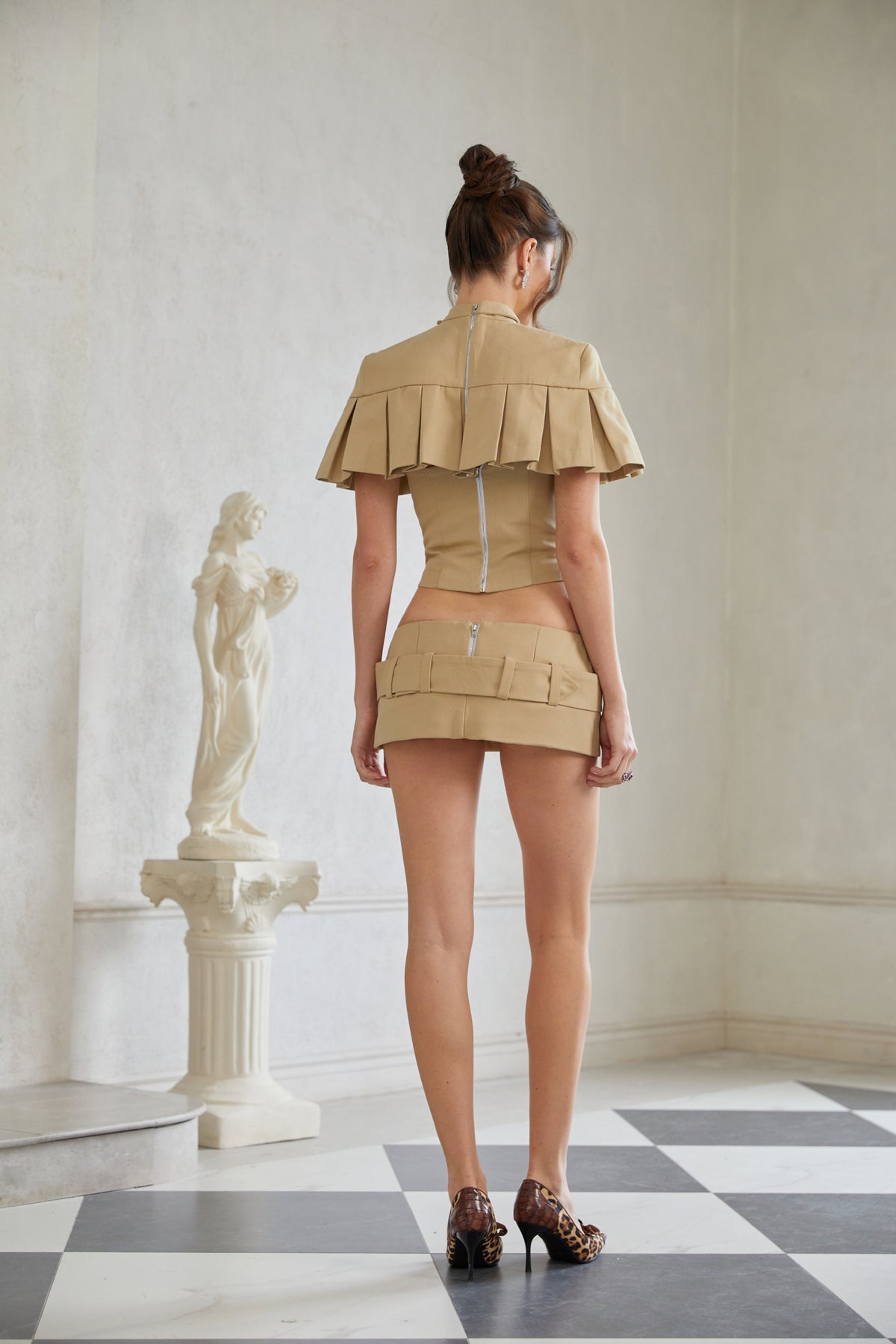 Antonella Khaki Pleated Cape Top & Pencil Skirt Set (Final Sale)