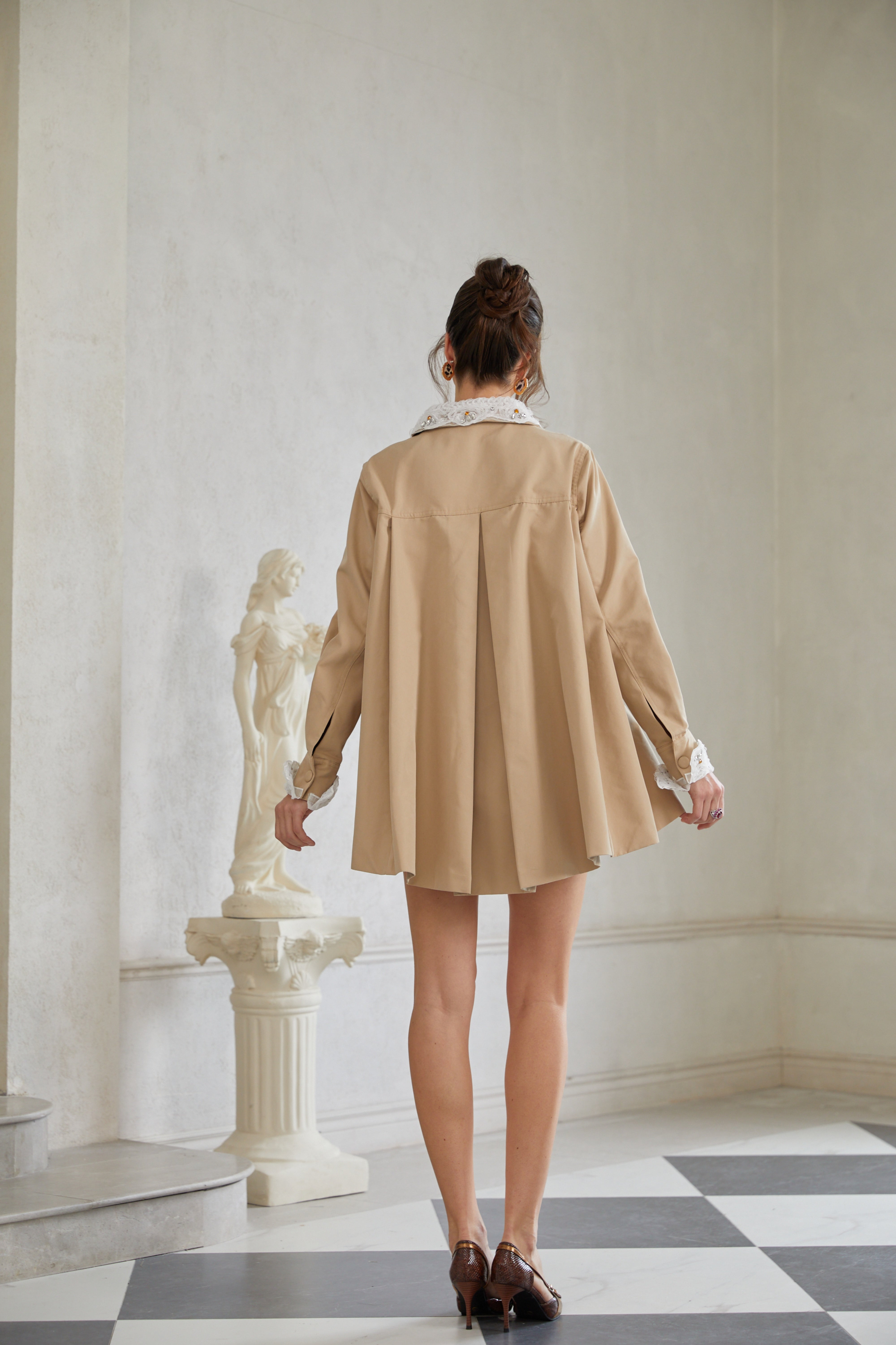 Marta Khaki Embellished Lace Trim Trench Coat (Final Sale-US Only)